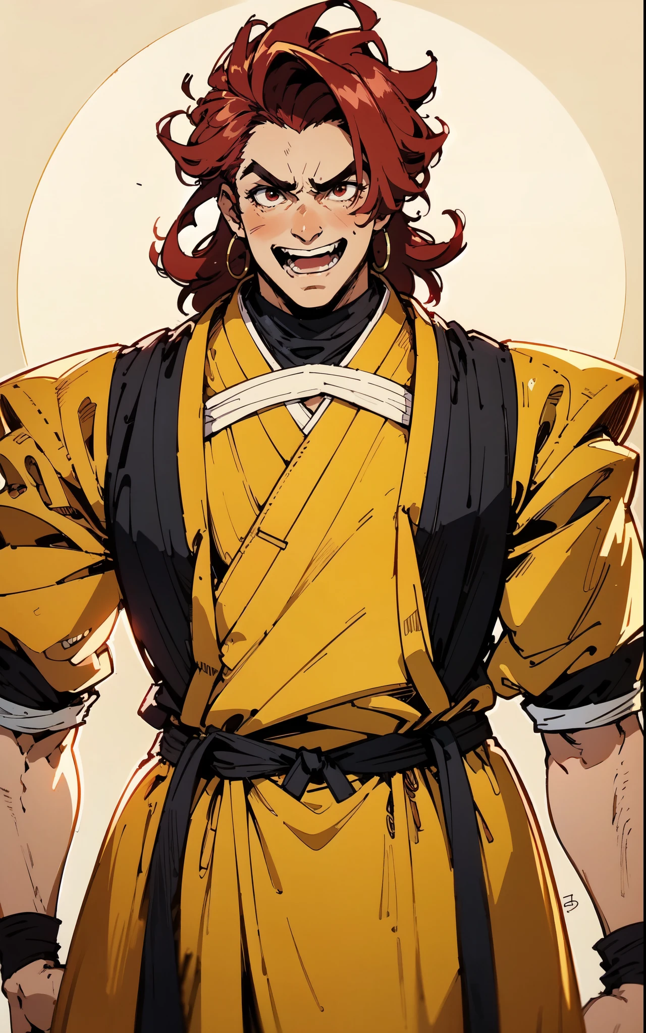 (masterpiece:1.2, best quality:1.2, extremely delicate:1.2), ((male:1.5)), a middle-aged man with messy medium-length red hair, exaggeratedly arched thick eyebrows, wide red eyes, a cross-shaped scar on his forehead, he is laughing wildly, a wild expression, a tall and muscular build, a fantasy martial arts style two piece orange yellow robe coat, a sash wrapped around his waist, skirt and trousers, stands majestically before a million-strong army, this character embodies a finely crafted fantasy martial arts style overlord in anime style, exquisite and mature manga art style, dramatic, high definition, highres, ultra-detailed, ultra-fine painting, professional, perfect body proportions, golden ratio, anatomically correct, symmetrical face, extremely detailed eyes and face, high quality eyes, creativity, RAW photo, UHD, 32k, Natural light, cinematic lighting, (masterpiece-anatomy-perfect:1.2)
