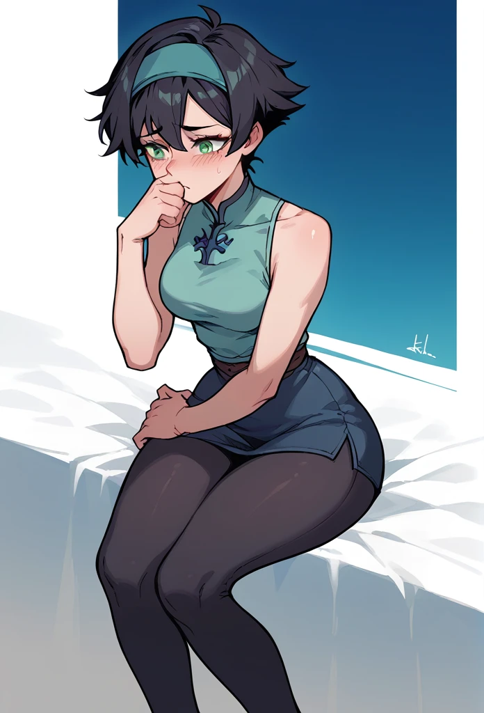 A woman, black hair, short hair, green eyes, royal blue headband,royal blue tank top,Right hand on waist, black leggings,Sitting , shy,pointy hair,Big ass