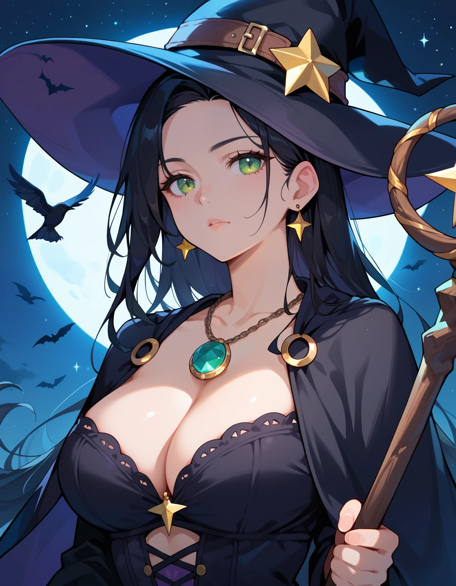 score_9, score_8_up, score_7_up,  source_anime, dramatic lighting,   moonshine, stars, bats, crows,   1girl, witch, black hair, long hair, green eyes, large breasts, cleavage, black robe, witch hat, holding wooden staff, jewel necklace, earring,  upper body,     top down close-up, 