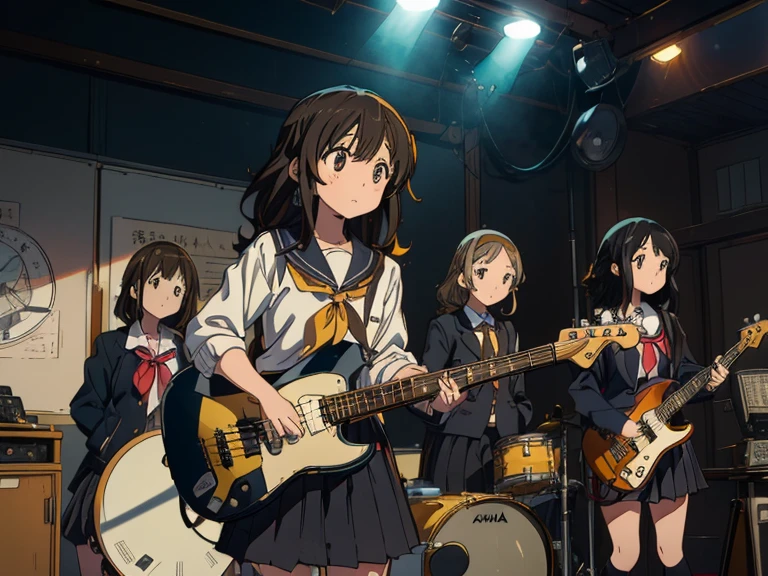 ((masterpiece:1.3)), (best quality), ((extremely detailed:1.1)), 5 girls, there are five girls in school uniforms playing music together, Girl band illustration, rock band, band playing instruments, (A dynamic performance:1.3), K-ON!, band name is "After School Tea Time", band promo, high school girls, ((All of them are wearing navy blazers and grey pleated skirts:1.3)). happy!!!, band playing, (**Yui Hirasawa, Her hair is brown and bob cut, She has a yellow hairpin holding her right bangs in place, Black Pantyhose, Grey neckerchief, have a Gibson Les Paul Standard**). (**Mio Akiyama, She has long straight black hair, Her bangs are cut in a hime style, Grey neckerchief, Black knee-high socks, have a Fender Jazz Bass left-handed model**). (**Tainaka Ritsu, She has short brown hair with a yellow headband and her forehead is exposed, White ankle socks, Grey neckerchief, Plays the drums**). (**Kotobuki Tsumugi, She has thick semicircular eyebrows, and long wavy hair that is a light color almost blonde, Fair skin, Grey neckerchief, White ankle socks, Keyboard player**). (**Azusa Nakano, She has long twin-tailed, slightly bluish black hair, Black knee-high socks, red neckerchief, Plays rhythm guitar**). 