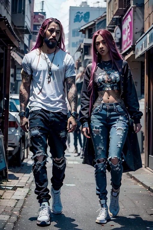 a couple of beautiful teenagers a pink hair pink hair, with a weapon harp, and the other green hair with a flute as a weapon. anime manga. thin man, perfectly trimmed beard, long hair in ninja cut, .braided hair,. with tattoos on both shoulders, chest and right leg, urban style clothing white shirt and a black one on top of the white one, ecko black denim pants, timberland boots in cream color, 1.65 height. (rapper) (urbano style) (animated) ((style anime)) (graffiti spirit secret art death painting,) (30% futuristic cibor,) human ft futuristic robot, hero soldier, futuristic ninja rapper man.(((HD, 4k, real))) (8k) ULTRA DEFINED.mystical magic (Whole body)full body
