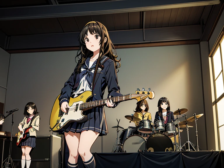 ((masterpiece:1.3)), (best quality), ((extremely detailed:1.1)), 5 girls, there are five girls in school uniforms playing music together, Girl band illustration, rock band, band playing instruments, (A dynamic performance:1.3), K-ON!, band name is "After School Tea Time", band promo, high school girls, ((All of them are wearing navy blazers and grey pleated skirts:1.3)). happy!!!, band playing, (**Yui Hirasawa, Her hair is brown and bob cut, She has a yellow hairpin holding her right bangs in place, Black Pantyhose, Grey neckerchief, have a Gibson Les Paul Standard**). (**Mio Akiyama, She has long straight black hair, Her bangs are cut in a hime style, Grey neckerchief, Black knee-high socks, have a Fender Jazz Bass left-handed model**). (**Tainaka Ritsu, She has short brown hair with a yellow headband and her forehead is exposed, White ankle socks, Grey neckerchief, Plays the drums**). (**Kotobuki Tsumugi, She has thick semicircular eyebrows, and long wavy hair that is a light color almost blonde, Fair skin, Grey neckerchief, White ankle socks, Keyboard player**). (**Azusa Nakano, She has long twin-tailed, slightly bluish black hair, Black knee-high socks, red neckerchief, Plays rhythm guitar**). 