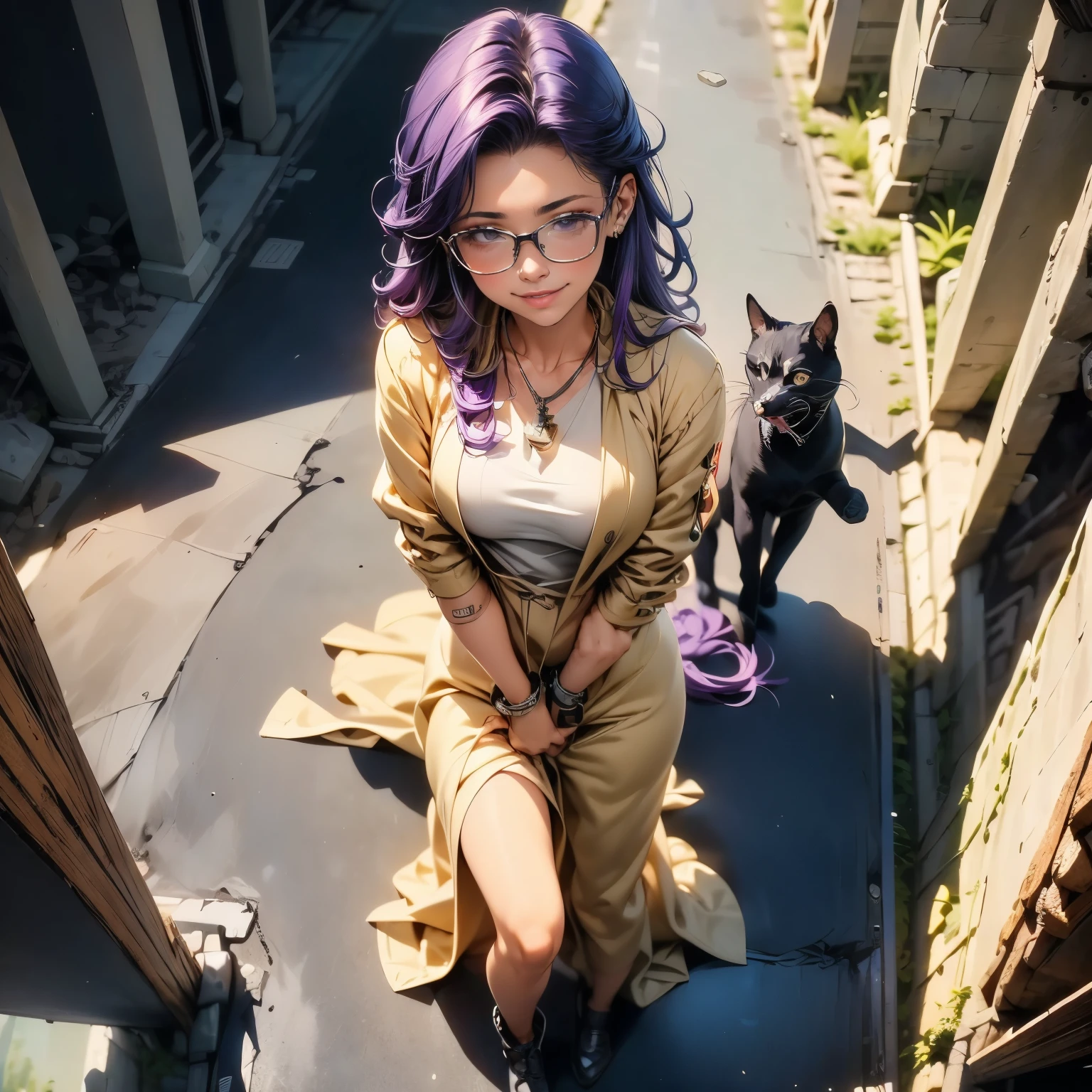 (masterpiece), best quality, 1girl, expressive eyes, perfect face, (purple hair), perfect anatomy, full body, 4k, HDR, full HD, solo, (masterpiece), best quality, 1girl, expressive eyes, perfect face, (purple hair), perfect anatomy, full body, 4k, HDR, full HD, solo, she is wearing a white blanket long dress, the long dress has a V-neckline V, her shoulders are bare, she is wearing high boots under her dress, she is not wearing a bag, she is wearing a gold necklace, she is wearing intellectual glasses, she is shyly looking at a little dog that is wagging its tail,