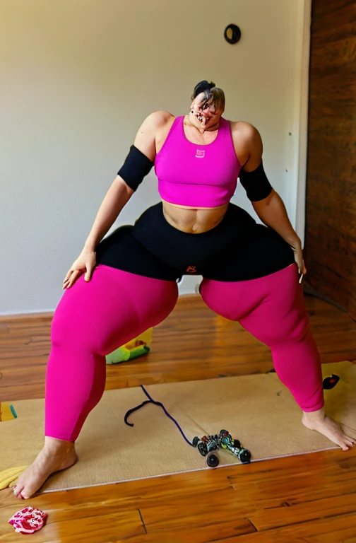 Angela white in yoga attire fully clothed , Thick muscular legs,Conjoined legs, waist to waist no torso, four legs, many legs connected to body,human legs, sexy legs ands feet,full body