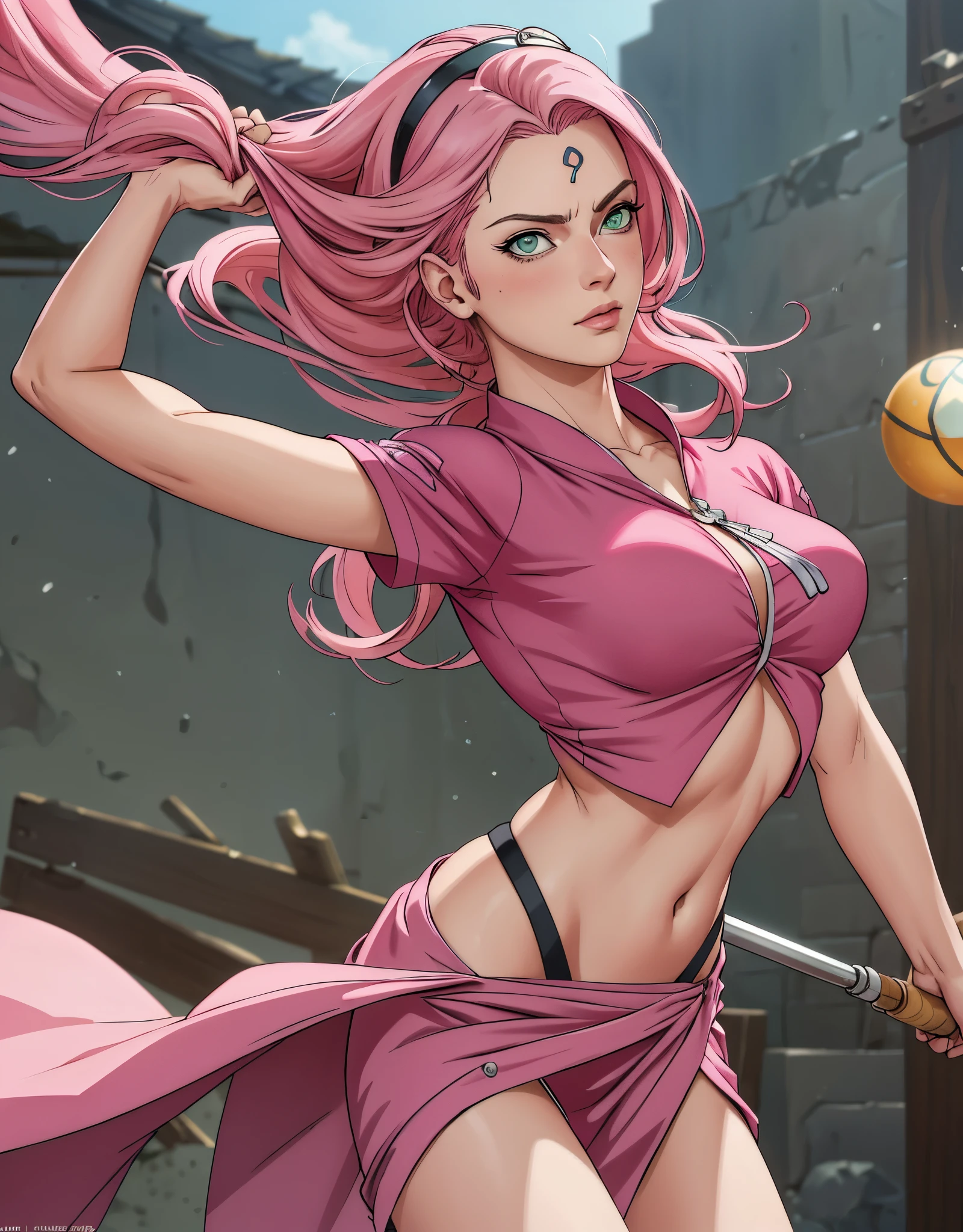 anime girl with long pink hair and green eyes holding a sword, demon slayer rui fanart, haruno sakura, extremely detailed artgerm, cushart krenz key art feminine, digital art from danganronpa, style artgerm, artgerm lau, illustrious makinami, commission for high res, detailed digital anime art