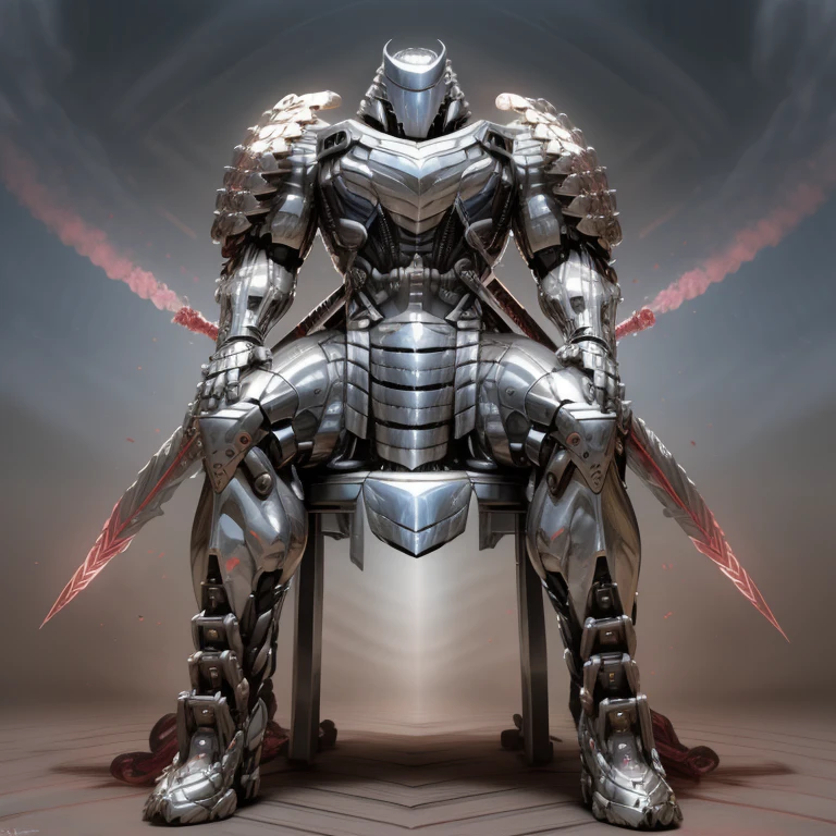 silver samurai.
- masterpiece, best quality, full body, 1boy.
- The background is a castle in medieval Japan.
- armor suit, (full armor, cyborg, science fiction, combat helmet) 
- dominating silver samurai. macro. stomp. Low-angle perspective. emphasizing the immense size.
-  The Silver Samurai looks majestic as he sits on his silver mechanical throne.
- The Silver Samurai wears a very wide and long silver cloak. The throne has a backrest.
- The claws are sharp. 5 toes.
- full body, No face, 
- looking at viewer, 
- covered in full metal armor, armored samurai,
- GTS, macro, giant. footstomp.
- macro, stomp, giant,