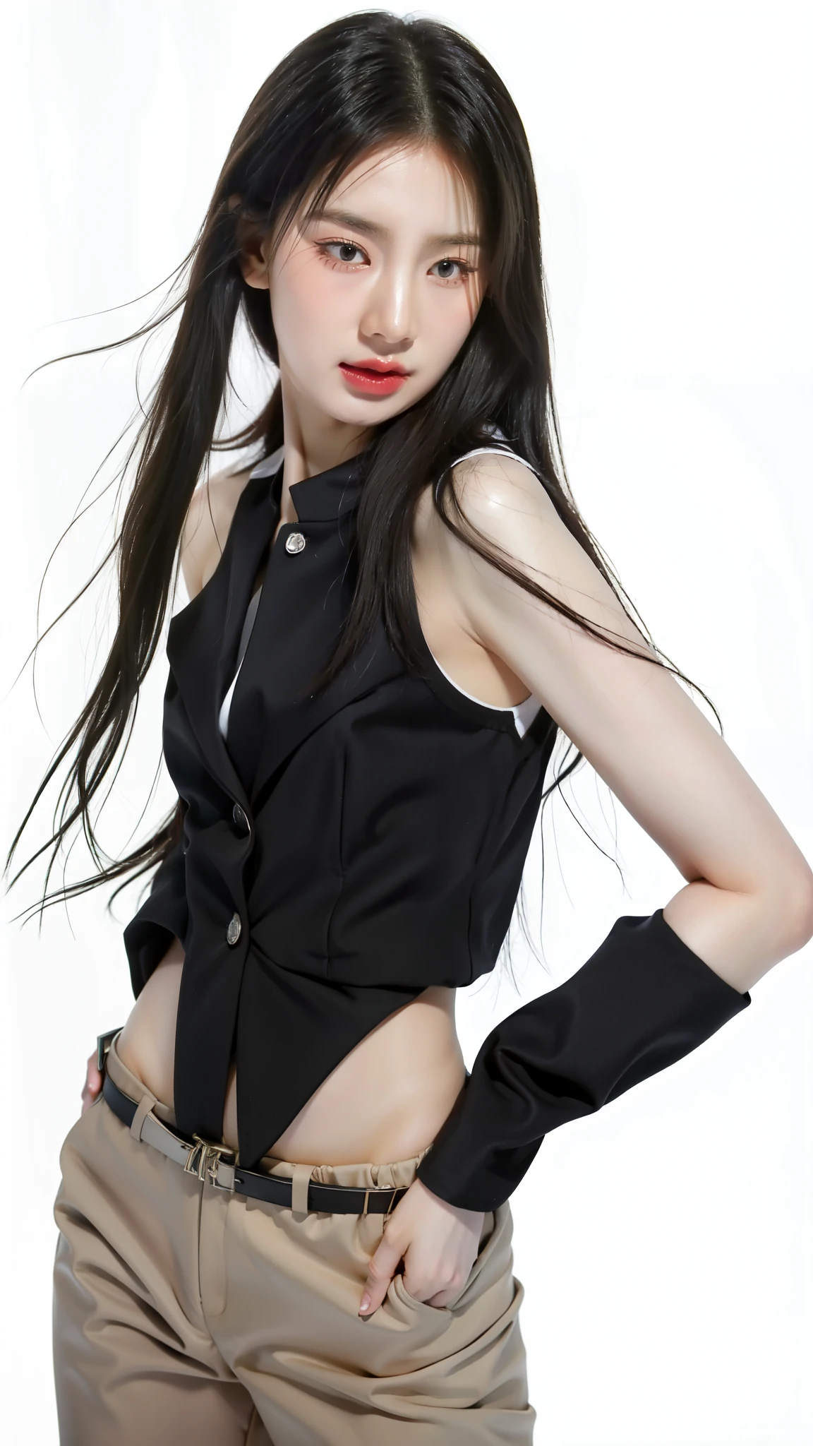 Highest quality, masterpiece, Tifa Lockhart,Long black hair,White vest,Black harness,fist,One girl,Sop,Open_moutsideh,microphone,tongue,tongue_outside