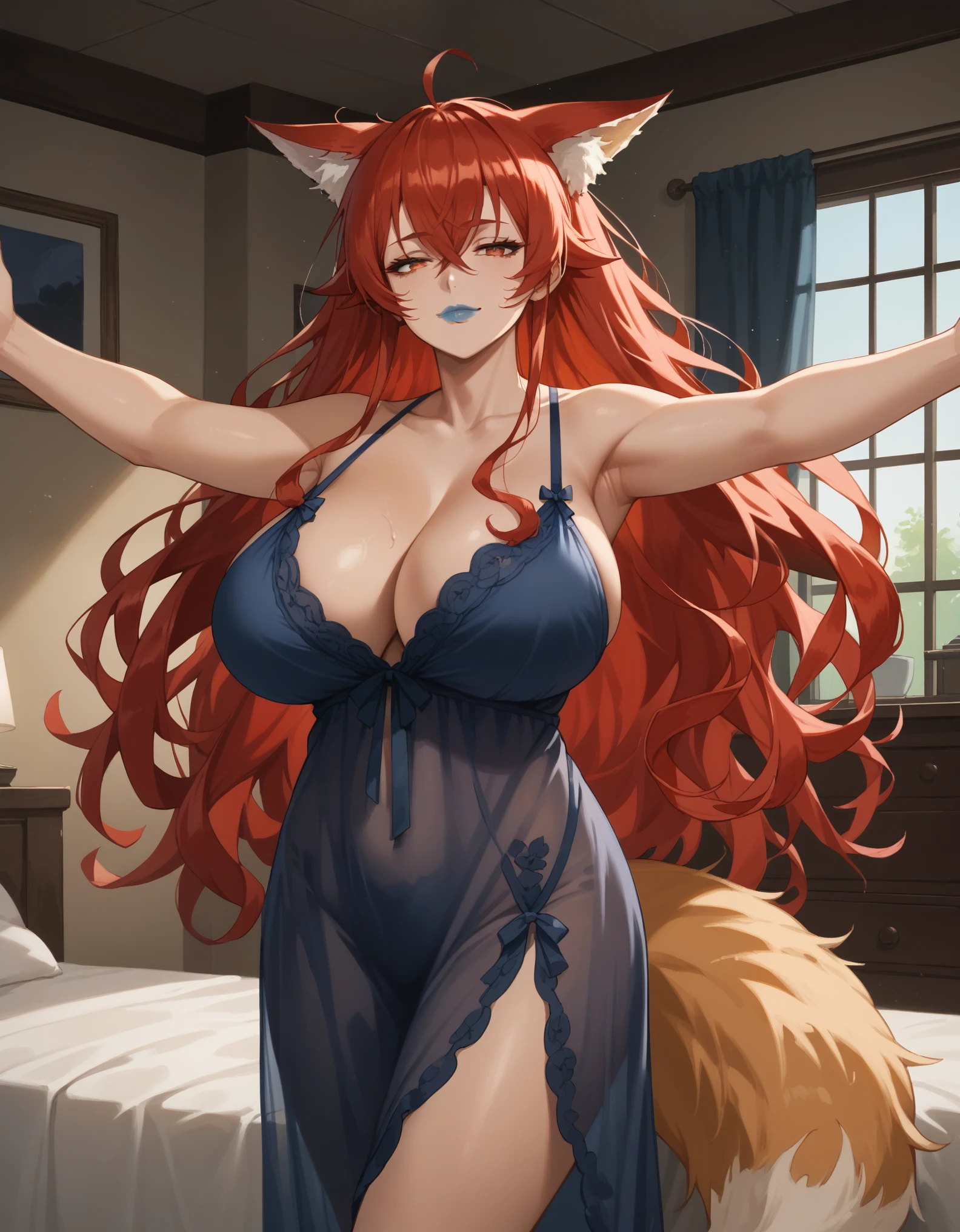 score_9, score_8_up, score_7_up, 1girl, milf, eris greyrat, (huge breasts:1.3), ((red hair, very long hair, messy hair, ahoge, long sidelocks, hair between eyes, crossed bangs, red eyes, fox ears, floppy ears, fox tail, half-closed eyes)), lipstick, blue lips, ((night gown)), (light smile, closed mouth), (beckoning, outstretched arms, bedroom)