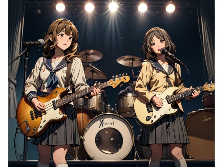 ((masterpiece:1.3)), (best quality), ((extremely detailed:1.1)), 5 girls, there are five girls in school uniforms playing music together, Girl band illustration, rock band, band playing instruments, (A dynamic performance:1.3), K-ON!, band name is "After School Tea Time", band promo, high school girls, ((All of them are wearing navy blazers and grey pleated skirts:1.3)). happy!!!, band playing, (**Yui Hirasawa, Her hair is brown and bob cut, She has a yellow hairpin holding her right bangs in place, Black Pantyhose, Grey neckerchief, have a Gibson Les Paul Standard**). (**Mio Akiyama, She has long straight black hair, Her bangs are cut in a hime style, Grey neckerchief, Black knee-high socks, have a Fender Jazz Bass left-handed model**). (**Tainaka Ritsu, She has short brown hair with a yellow headband and her forehead is exposed, White ankle socks, Grey neckerchief, Plays the drums**). (**Kotobuki Tsumugi, She has thick semicircular eyebrows, and long wavy hair that is a light color almost blonde, Fair skin, Grey neckerchief, White ankle socks, Keyboard player**). (**Azusa Nakano, She has long twin-tailed, slightly bluish black hair, Black knee-high socks, red neckerchief, Plays rhythm guitar**). 