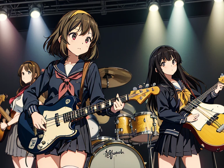 ((masterpiece:1.3)), (best quality), ((extremely detailed:1.1)), 5 girls, there are five girls in school uniforms playing music together, Girl band illustration, rock band, band playing instruments, (A dynamic performance:1.3), K-ON!, band name is "After School Tea Time", band promo, high school girls, ((All of them are wearing navy blazers and grey pleated skirts:1.3)). happy!!!, band playing, (**Yui Hirasawa, Her hair is brown and bob cut, She has a yellow hairpin holding her right bangs in place, Black Pantyhose, Grey neckerchief, have a Gibson Les Paul Standard**). (**Mio Akiyama, She has long straight black hair, Her bangs are cut in a hime style, Grey neckerchief, Black knee-high socks, have a Fender Jazz Bass left-handed model**). (**Tainaka Ritsu, She has short brown hair with a yellow headband and her forehead is exposed, White ankle socks, Grey neckerchief, Plays the drums**). (**Kotobuki Tsumugi, She has thick semicircular eyebrows, and long wavy hair that is a light color almost blonde, Fair skin, Grey neckerchief, White ankle socks, Keyboard player**). (**Azusa Nakano, She has long twin-tailed, slightly bluish black hair, Black knee-high socks, red neckerchief, Plays rhythm guitar**). 