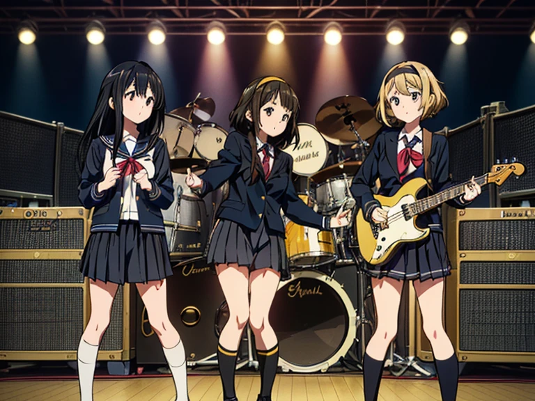 ((masterpiece:1.3)), (best quality), ((extremely detailed:1.1)), 5 girls, there are five girls in school uniforms playing music together, Girl band illustration, rock band, band playing instruments, (A dynamic performance:1.3), K-ON!, band name is "After School Tea Time", band promo, high school girls, ((All of them are wearing navy blazers and grey pleated skirts:1.3)). happy!!!, band playing, (**Yui Hirasawa, Her hair is brown and bob cut, She has a yellow hairpin holding her right bangs in place, Black Pantyhose, Grey neckerchief, have a Gibson Les Paul Standard**). (**Mio Akiyama, She has long straight black hair, Her bangs are cut in a hime style, Grey neckerchief, Black knee-high socks, have a Fender Jazz Bass left-handed model**). (**Tainaka Ritsu, She has short brown hair with a yellow headband and her forehead is exposed, White ankle socks, Grey neckerchief, Plays the drums**). (**Kotobuki Tsumugi, She has thick semicircular eyebrows, and long wavy hair that is a light color almost blonde, Fair skin, Grey neckerchief, White ankle socks, Keyboard player**). (**Azusa Nakano, She has long twin-tailed, slightly bluish black hair, Black knee-high socks, red neckerchief, Plays rhythm guitar**). 