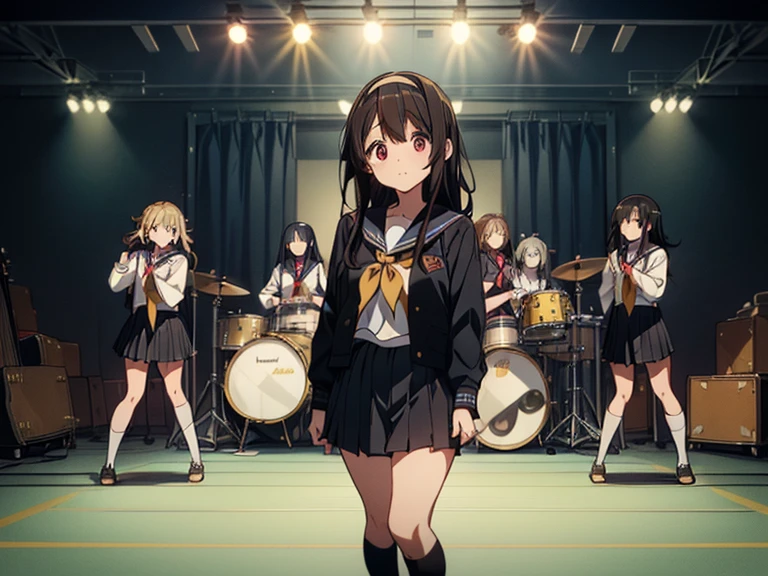 ((masterpiece:1.3)), (best quality), ((extremely detailed:1.1)), 5 girls, there are five girls in school uniforms playing music together, Girl band illustration, rock band, band playing instruments, (A dynamic performance:1.3), K-ON!, band name is "After School Tea Time", band promo, high school girls, ((All of them are wearing navy blazers and grey pleated skirts:1.3)). happy!!!, band playing, (**Yui Hirasawa, Her hair is brown and bob cut, She has a yellow hairpin holding her right bangs in place, Black Pantyhose, Grey neckerchief, have a Gibson Les Paul Standard**). (**Mio Akiyama, She has long straight black hair, Her bangs are cut in a hime style, Grey neckerchief, Black knee-high socks, have a Fender Jazz Bass left-handed model**). (**Tainaka Ritsu, She has short brown hair with a yellow headband and her forehead is exposed, White ankle socks, Grey neckerchief, Plays the drums**). (**Kotobuki Tsumugi, She has thick semicircular eyebrows, and long wavy hair that is a light color almost blonde, Fair skin, Grey neckerchief, White ankle socks, Keyboard player**). (**Azusa Nakano, She has long twin-tailed, slightly bluish black hair, Black knee-high socks, red neckerchief, Plays rhythm guitar**). 