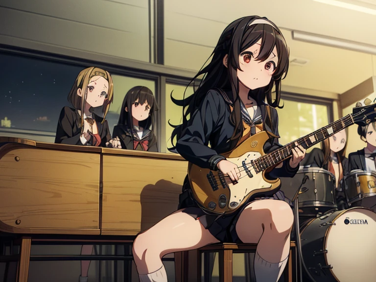 ((masterpiece:1.3)), (best quality), ((extremely detailed:1.1)), 5 girls, there are five girls in school uniforms playing music together, Girl band illustration, rock band, band playing instruments, (A dynamic performance:1.3), K-ON!, band name is "After School Tea Time", band promo, high school girls, ((All of them are wearing navy blazers and grey pleated skirts:1.3)). happy!!!, band playing, (**Yui Hirasawa, Her hair is brown and bob cut, She has a yellow hairpin holding her right bangs in place, Black Pantyhose, Grey neckerchief, have a Gibson Les Paul Standard**). (**Mio Akiyama, She has long straight black hair, Her bangs are cut in a hime style, Grey neckerchief, Black knee-high socks, have a Fender Jazz Bass left-handed model**). (**Tainaka Ritsu, She has short brown hair with a yellow headband and her forehead is exposed, White ankle socks, Grey neckerchief, Plays the drums**). (**Kotobuki Tsumugi, She has thick semicircular eyebrows, and long wavy hair that is a light color almost blonde, Fair skin, Grey neckerchief, White ankle socks, Keyboard player**). (**Azusa Nakano, She has long twin-tailed, slightly bluish black hair, Black knee-high socks, red neckerchief, Plays rhythm guitar**). 