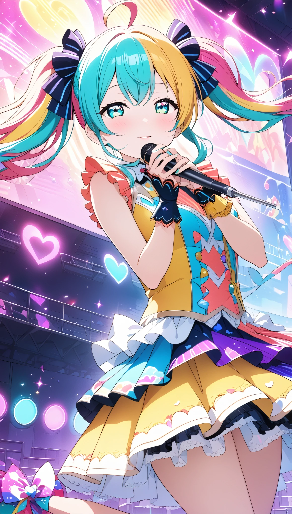 (masterpiece), high details, high quality, (best quality), (super detail), perfect detailed eyes, perfect detailed face, Psychedelic costumes, colorful clothes, Pop art, Fashionable, Heart, musical notes, music, melody, multicolored hair, ahoge, twintails, aqua eyes, light smile, sparkle, Japanese idol star, singing on stage, kissing