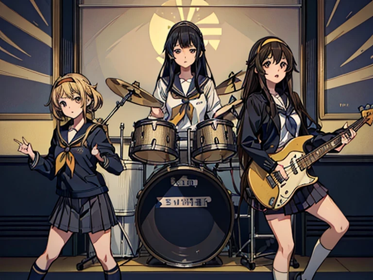 ((masterpiece:1.3)), (best quality), ((extremely detailed:1.1)), 5 girls, there are five girls in school uniforms playing music together, Girl band illustration, rock band, band playing instruments, (A dynamic performance:1.3), K-ON!, band name is "After School Tea Time", band promo, high school girls, ((All of them are wearing navy blazers and grey pleated skirts:1.3)). happy!!!, band playing, (**Yui Hirasawa, Her hair is brown and bob cut, She has a yellow hairpin holding her right bangs in place, Black Pantyhose, Grey neckerchief, have a Gibson Les Paul Standard**). (**Mio Akiyama, She has long straight black hair, Her bangs are cut in a hime style, Grey neckerchief, Black knee-high socks, have a Fender Jazz Bass left-handed model**). (**Tainaka Ritsu, She has short brown hair with a yellow headband and her forehead is exposed, White ankle socks, Grey neckerchief, Plays the drums**). (**Kotobuki Tsumugi, She has thick semicircular eyebrows, and long wavy hair that is a light color almost blonde, Fair skin, Grey neckerchief, White ankle socks, Keyboard player**). (**Azusa Nakano, She has long twin-tailed, slightly bluish black hair, Black knee-high socks, red neckerchief, Plays rhythm guitar**). 