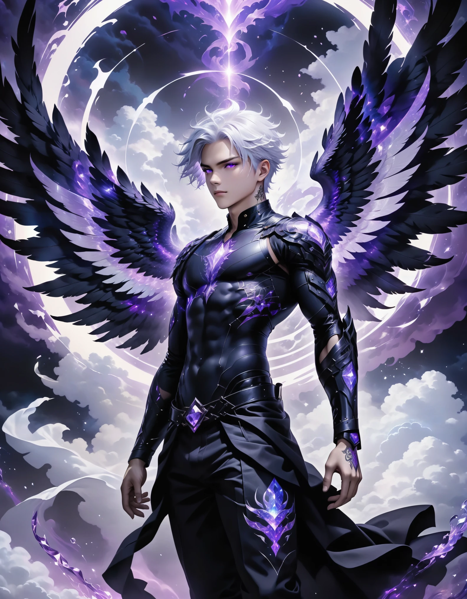 Anime, Man with angelic wings, holding a purple sphere, blue eyes with pentagram in the eyes, muscular, , goatee