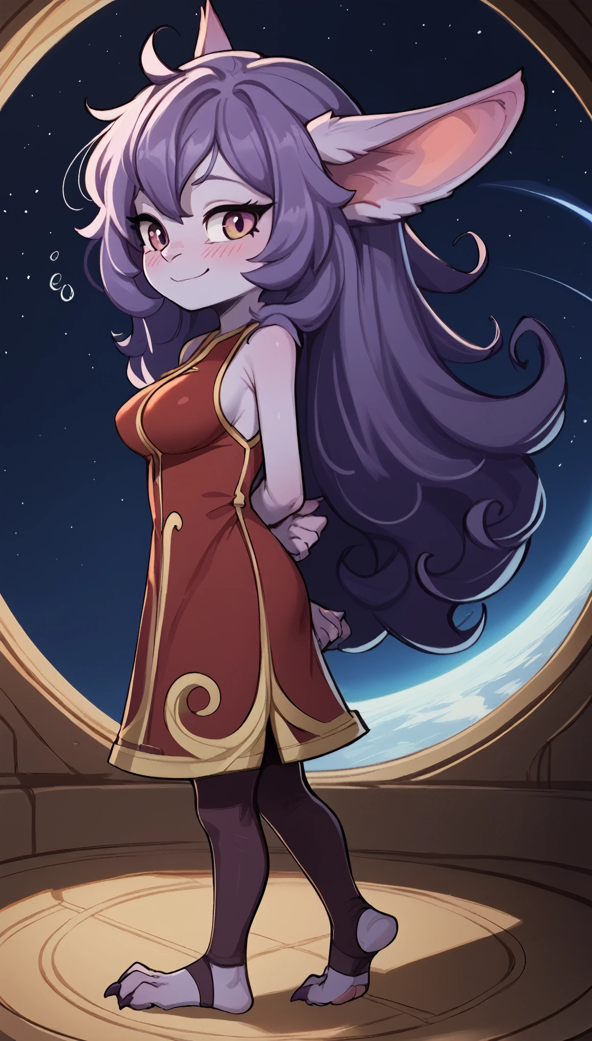 score_9, score_8_up, score_7_up, best quality, masterpiece, Lulu, (absurdly high resolution:1.4), from side, (short, diminutive, smol), yordle, (humanoid, light purple skin, purple eyes, (long ears, horizontal ears), long horizontal yordle ears, claws, feminine), barefoot, cute, adorable, slim, (puffy hair, fluffy hair,), large breasts, sleepy expression, blush lines, submissive), solo, Expressive, young, expressive, outer space, matching clothes, hands behind her back, Correct number of toes on each foot, witch, smiling, loving, red dress, perfect arms and hands, paw pads, stirrup legwear,
