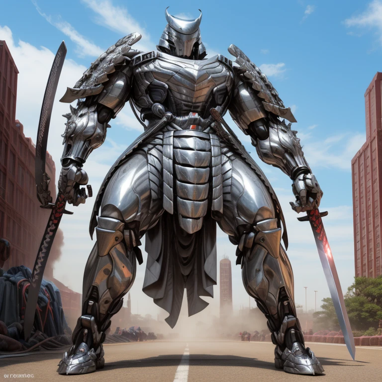 silver samurai.
- masterpiece. best quality. full body. 1boy.
- armor suit. (full armor. cyborg. science fiction. combat helmet) 
- dominating silver samurai. silver samurai is over 1000 meters long. focus GIANT mechanical Muscular silver samurai is trampling the city. Looking down. macro. stomp. Low-angle perspective. emphasizing the immense size.
- holding sword. holding katana.
- The Silver Samurai wears a very large and long silver cloak.
- full body. No face. 
- The claws are sharp. 5 toes.
- full body, No face, 
- looking at viewer, 
- covered in full metal armor, armored samurai,
- GTS, macro, giant. footstomp. stomp, giant,