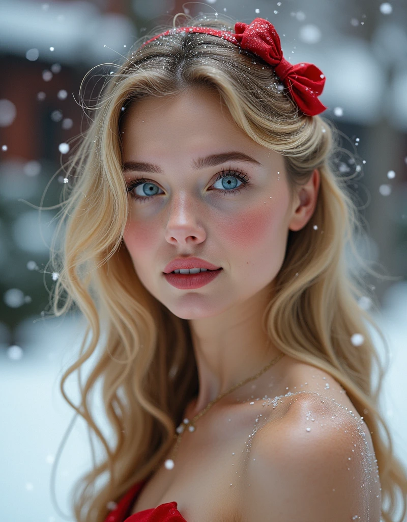 multi angle, 4 face, Photographic picture, super realism, extreme close-up, Snow White and the Seven Dwarfs, French White girl, 20-age, Monica, golden hair, long hair, blue eye, red ribbon, Snow White costume,  winter, fall snow, on Tokyo Disney land, ((textured skin , HI detailed skin, foreshortening, Canon, anatomically correct, super detail, high details, highness)), (super detail, high details, high quality, accurate, anatomically correct, textured skin, beautiful fingers super detail, high details, high quality, best quality)