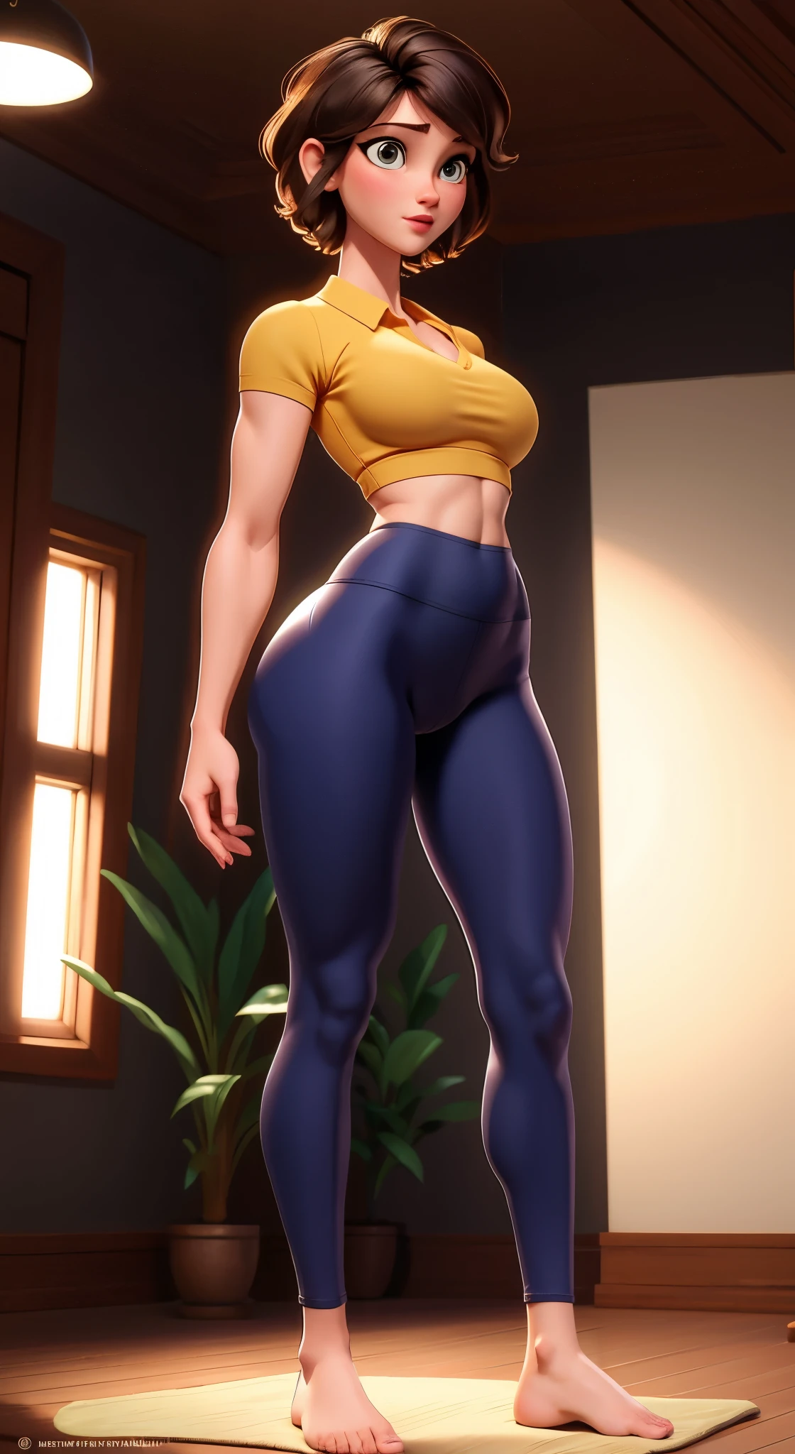 (masterpiece, best quality:1.2), 1girl, Alone,full body,nice toes,pretty,nice legs,Textured Skin,Blush,detailed feet,detailed body,detailed fingers,5 fingers,5 toes,detailed toes,2 legs,cameltoe visible,Makeup,Ribbon,lighting,barefoot,athletic body, solo, cute, flirt, gaze, sexy look,sexy pose, cameltoe,showing cleavage,muscles,nice waist,detailed waist,tight polo shirt,yoga pants,beautiful fingers,beautiful hands,crop top polo shirt,beautiful legs,standing pose in the gym,sexy yoga pants , 2 arms , wedge sandals , pretty face and eyes , abs , round butt , thiccc , Short Hair, geta sandals