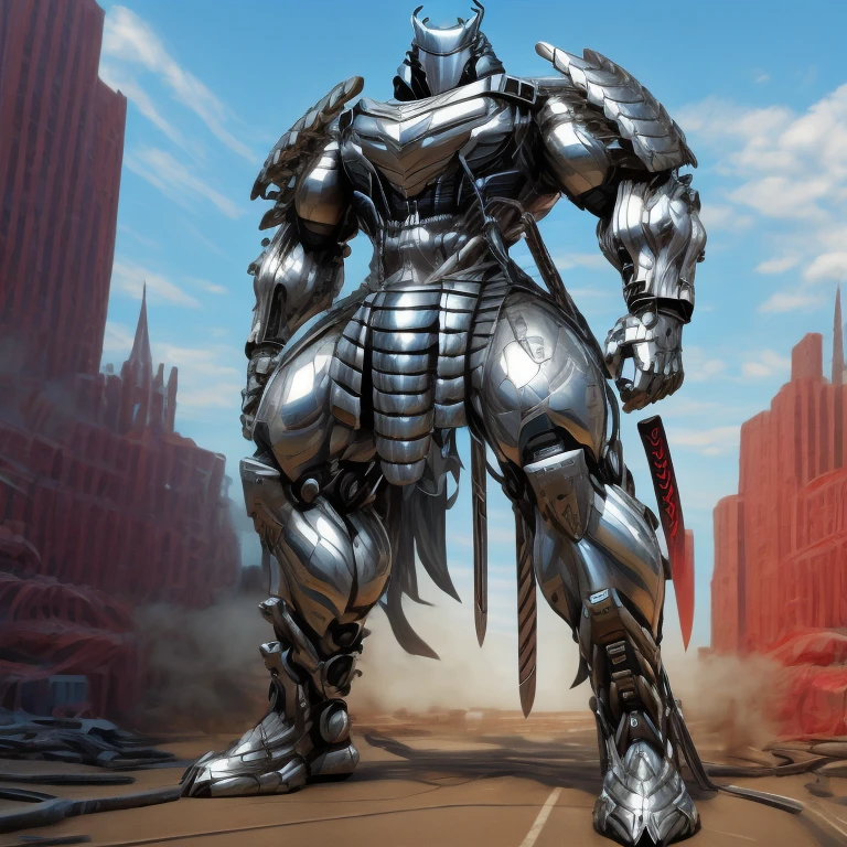 silver samurai.
- masterpiece. best quality. full body. 1boy.
- armor suit. (full armor. cyborg. science fiction. combat helmet) 
- dominating silver samurai. silver samurai is over 1000 meters long. focus GIANT mechanical Muscular silver samurai is trampling the city. Looking down. macro. stomp. Low-angle perspective. emphasizing the immense size.
- holding sword. holding katana.
- The Silver Samurai wears a very large and long silver cloak.
- full body. No face. 
- The claws are sharp. 5 toes.
- full body, No face, 
- looking at viewer, 
- covered in full metal armor, armored samurai,
- GTS, macro, giant. footstomp. stomp, giant,