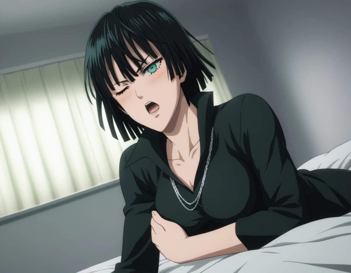 score_9, score_8_up, score_7_up, sauce_anime, ambient light,                                                                                                                                                                             
fubuki, fubuki \(one-punch man\), tall girl, 1 girl ,black hair,  deep green eyes, short hair,,, furrowed brow ,  wince, frown, close up face:0.2,                       
nsfw, (show off breast), navel ,, undress dress black dress , high collar, jewelry, necklace, , taut clothes, taut dress, ,, (detailed lace panties),                                                                                                                                                                                                                               indoors,, bed ,realistic bed room, (on side),                                                                                                                                                    
cowboy shot,, looking at viewer, solo, dutch angle, blush,, , open mouth, saliva,, large breasts