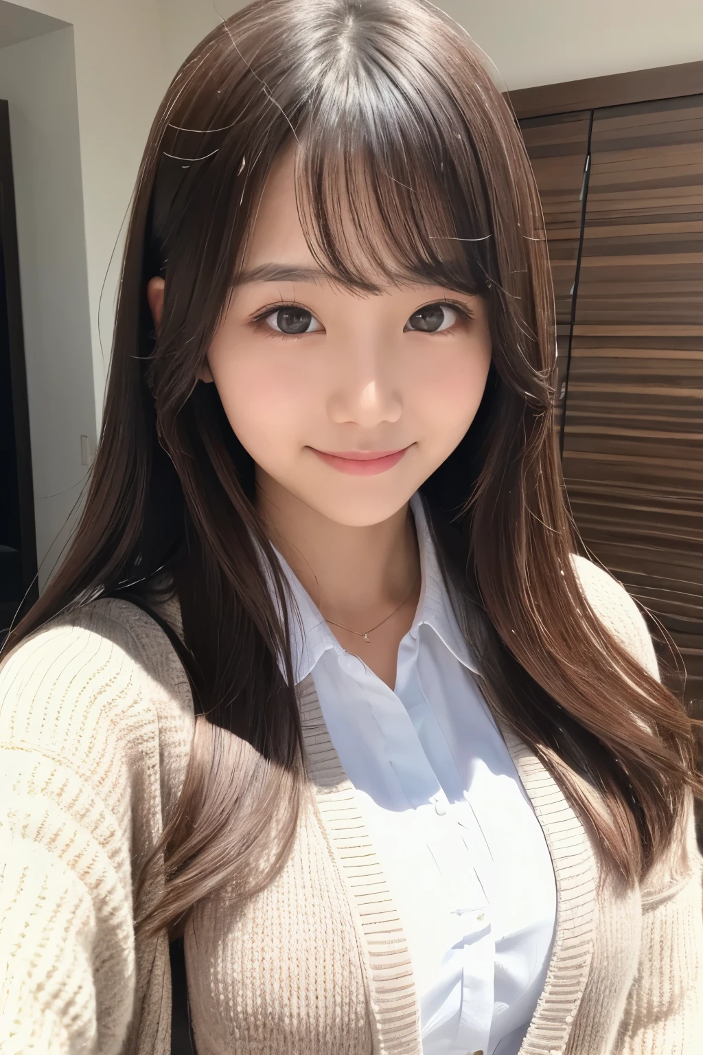 photograph、(((ultimate beauty portrait)))、1 girl、Japanese 17 year old beautiful girl、big smile、((brown hair))、((Big eyes that shine like jewels))、my room、Glossy, glowing skin、(medium long hair)、(Sitting in a gaming chair)、eyeliner、beautiful bangs、hair between eyes、((masterpiece、最high quality、Super detailed、intricate details、High resolution、very detailed))、detailed background、8KUHD、soft light、high quality、shallow depth of field、wonderful smile、(((small breasts)))、(((Bust A cup)))、(((Clothes)))、hoodie、selfie、hanging eye makeup