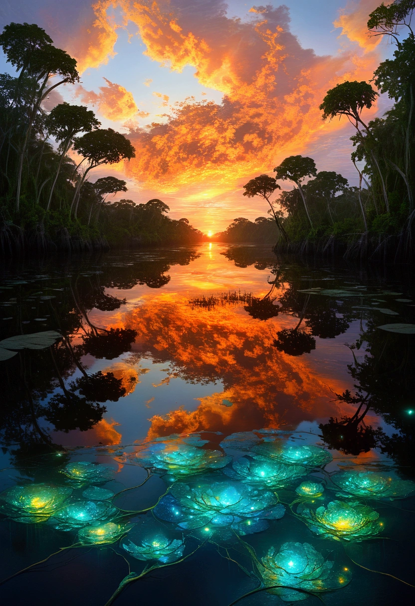 (by Ellen Jewett:1.5), (Bioluminescent Impressionism,  amazon river surface mirroring a blazing sunrise, ethereal landscapes, dynamic light, depth of field, biotech emotion:1.3) people partying.
