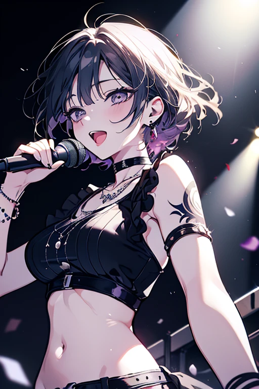 Highest quality,masterpiece,Singer-songwriter,Dark silver hair,Live Stage,Extreme lace bra,Thong,Small live music venue,