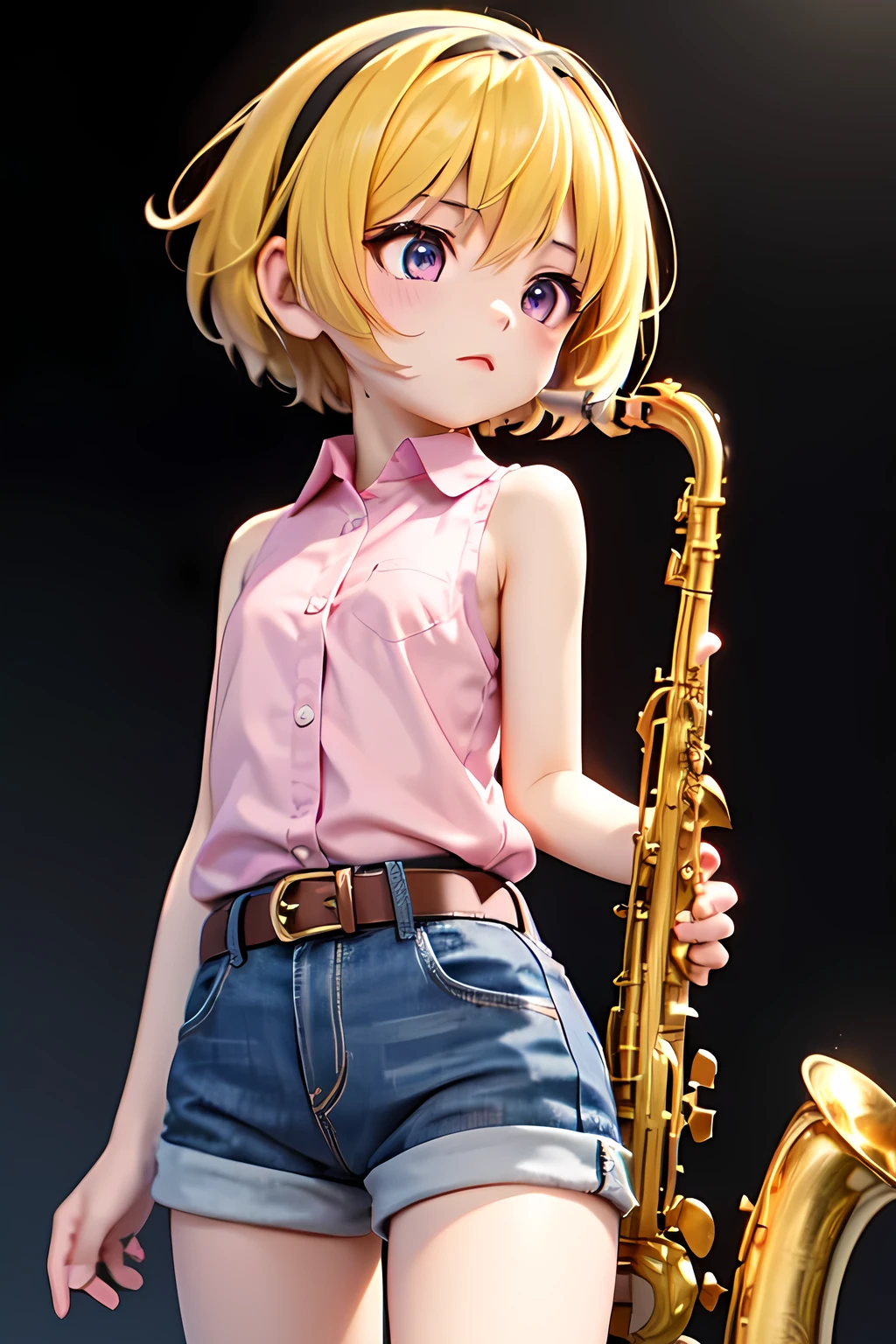 (Saxophone player), (Satoko Hojo), woman, Alone, Yellow Hair, blonde, purple eyes, short hair, Hairbands, Flat Chest, , collared shirt,Sleeveless shirt,(Pink Shirt), White Belt, Denim shorts, Warm spotlight