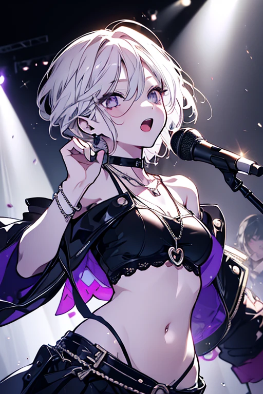 holding a microphone、idol costume、singing, Realistic, real person, RAW photo, photorealistic, portrait photography, shiny skin, japanese idol、pink hair、bob cut hair with bangs、smile, 20 year old woman with pink eyes、Alone、The background is a concert venue,