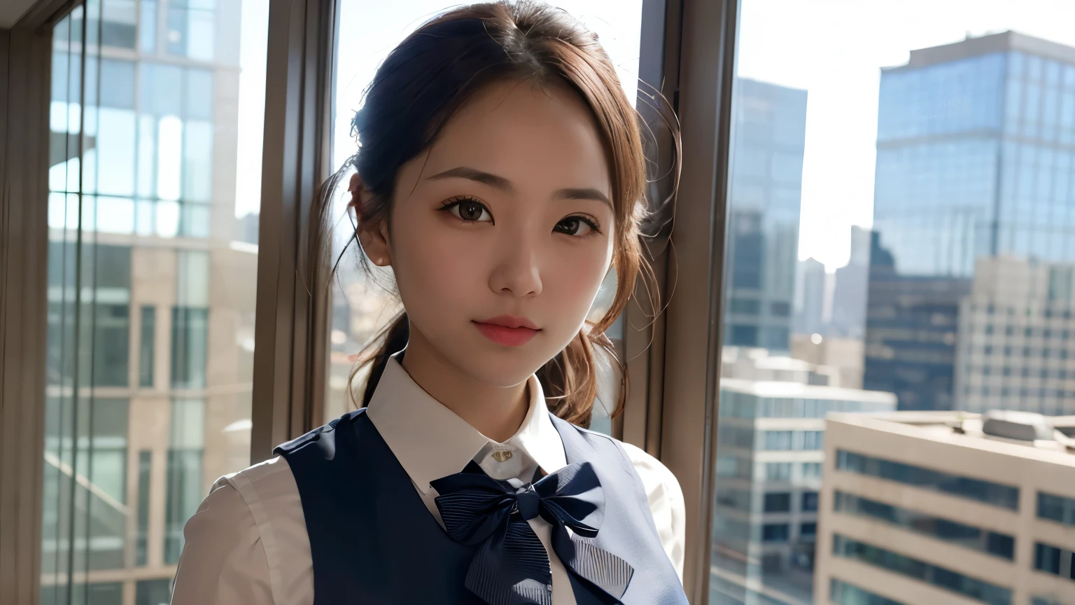 ((top quality, 8 thousand, table top: 1.3, RAW photos)), sharp focus: 1.2, (1 aespa girl :1.1), alone, (realistic, realistic: 1.37), (face focus: 1.1), Cute face, overly detailed face, tie her hair in a bun, small smile, big bust, flat chest, (flight attendant uniform: 1.2), standing, femur, Showing no chiffon panties, Octopus House, terminal