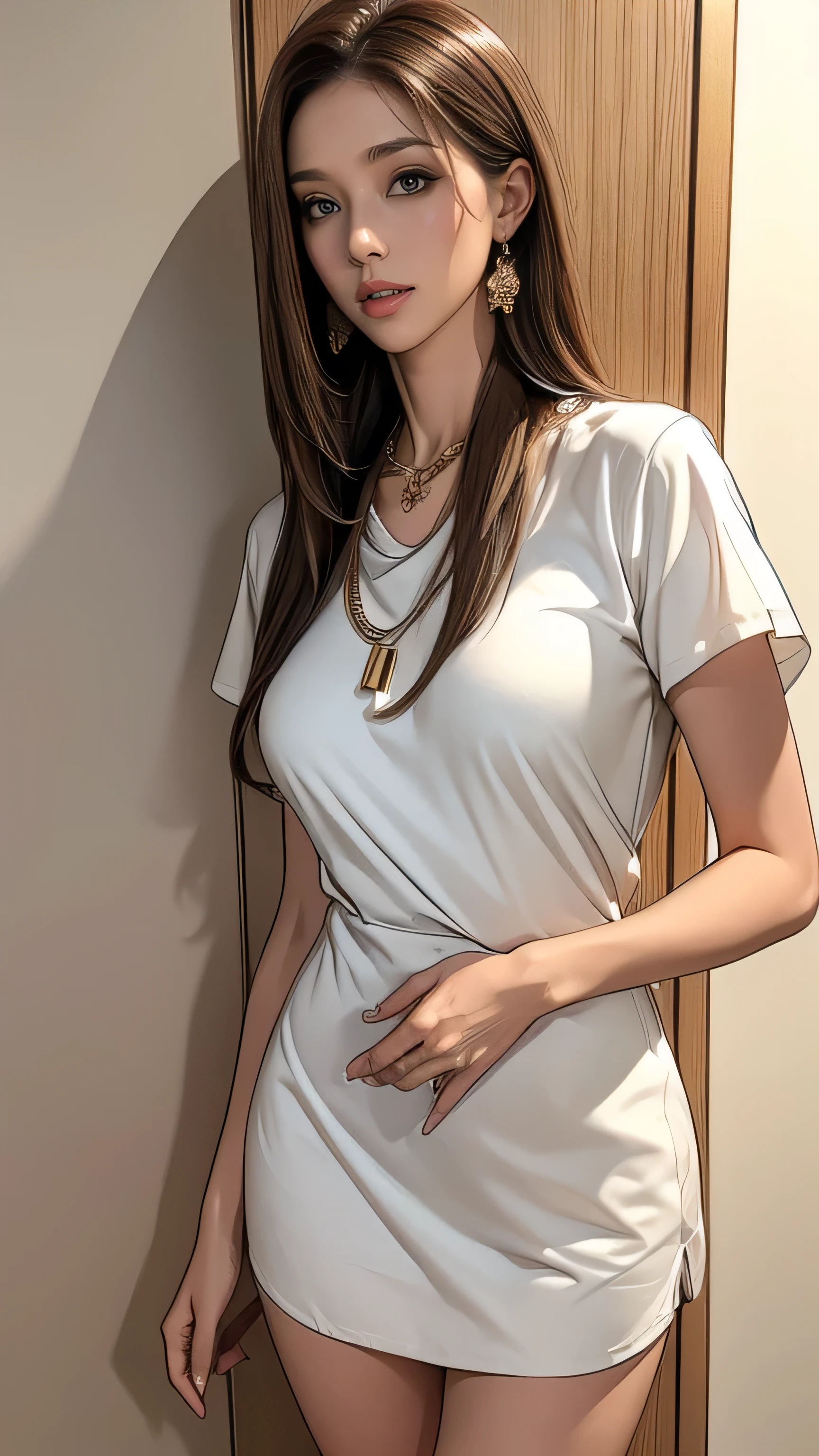 (Best Quality,4K,8k,High resolution,masterpiece:1.2),Very detailed,(Realistic,photoRealistic,photo-Realistic:1.37),Full body portrait,1 girl, Perfect hourglass illustration, Exquisite Features, Mystical Eyes, White transparent dress, Bare shoulders, , shy, Pink long hair, Looking at the audience, Small breasts, The depth of the boundary is written, High resolution images、Narrow waist,((Super long brown hair reaching to her knees:1.4)),((gold necklace_Large earrings:1.2))((wearing a white shirt mini dress:1.4)、((standing gracefully:1.6))