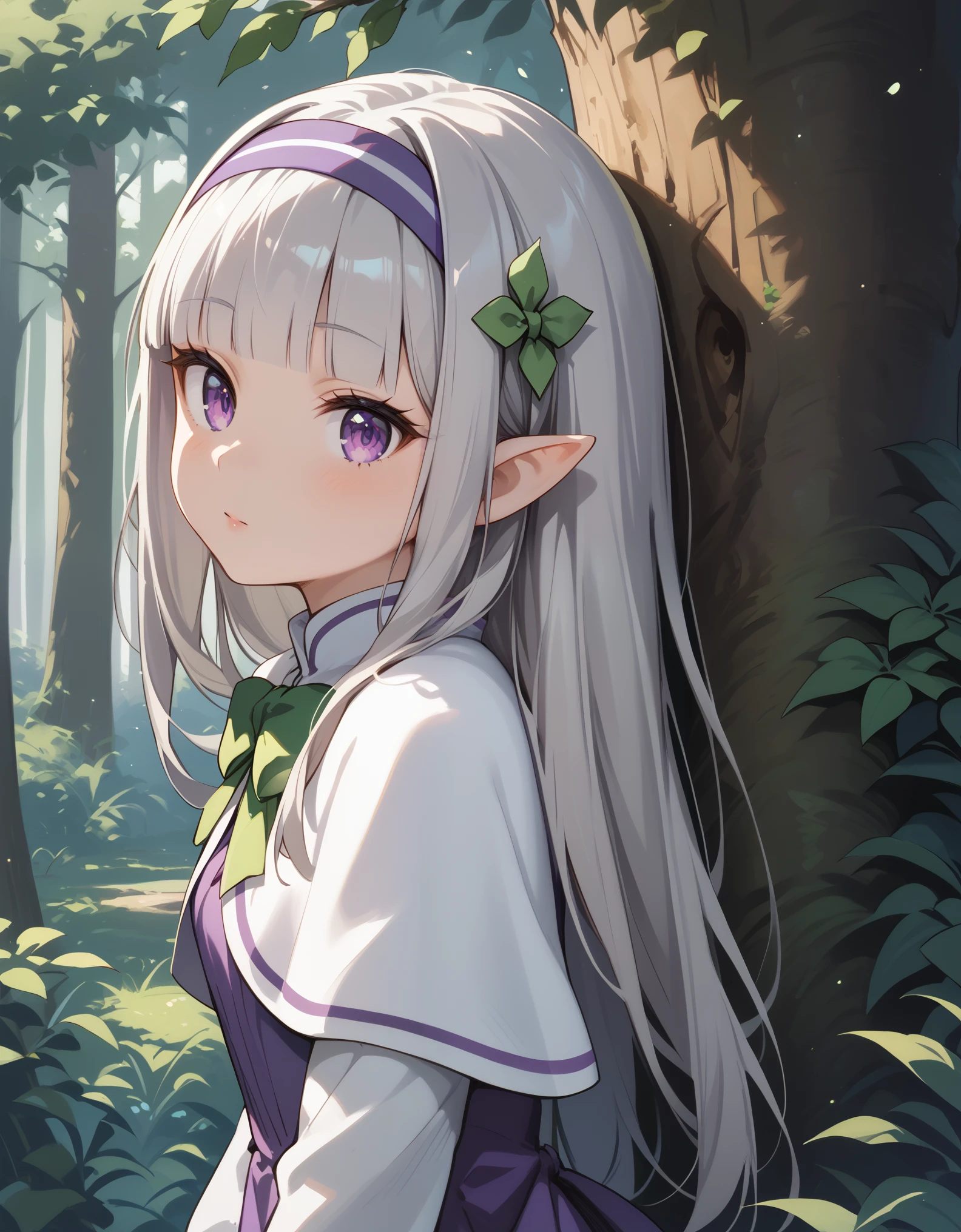 1girl, forest, peeking out upper body, behind tree, purple eyes, hairband, long hair, grey hair, pointy ears, blunt bangs, white capelet, purple dress, green bow, long sleeves, score_9, score_8_up, score_7_up, source_anime, 