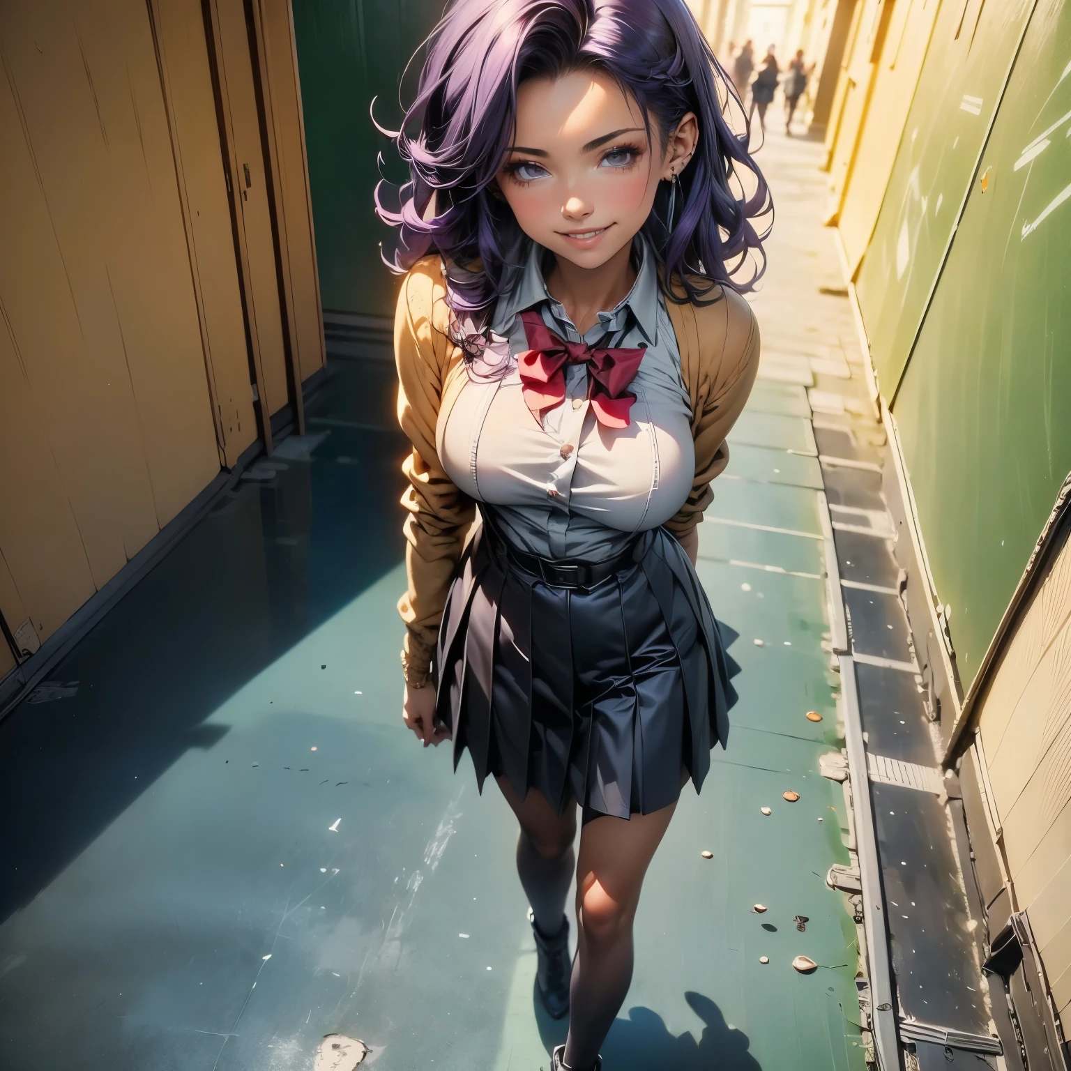 (masterpiece), best quality, 1girl, expressive eyes, perfect face, (purple hair), perfect anatomy, full body, 4k, HDR, full HD, alone, wears schoolgirl clothes, walks sensually down the hallway, her her uniform blouse is rolled up, and her skirt is short, her smile is daring,