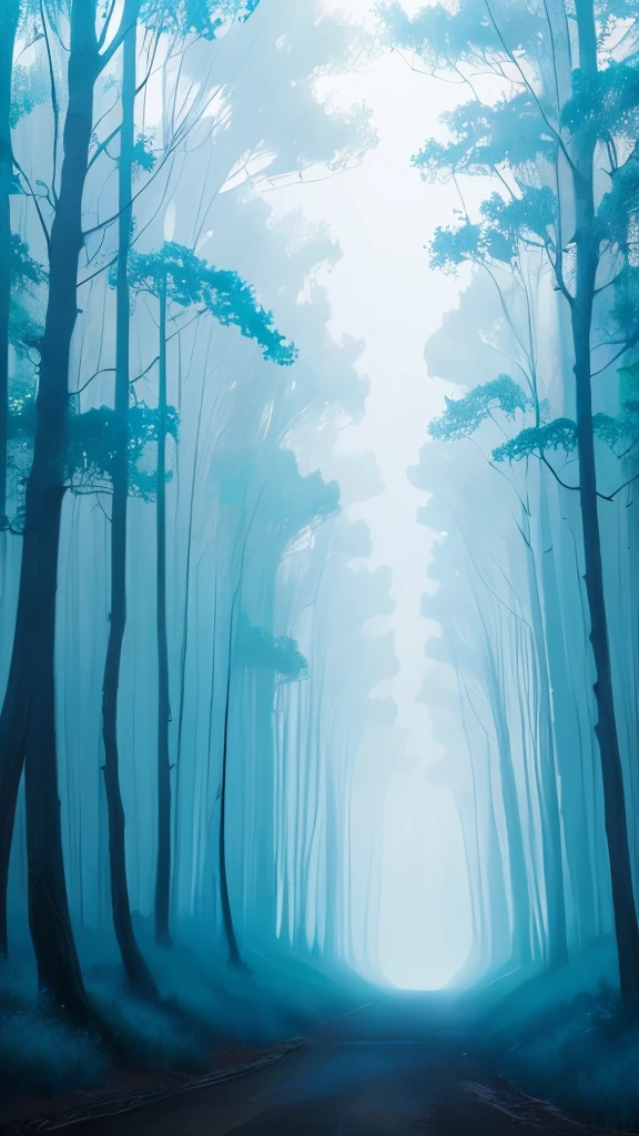 painting of a forest with a blue sky and orange trees, blue forest, beautiful misty wood, painting of a forest, misty wood, misty woods, misty forest, a mystical misty glow, forest colors, moonlit forest, glowing forest, in an evening autumn forest, mystical forest, blue trees, mystical blue fog, surreal forest, misty forest scene, blue fog