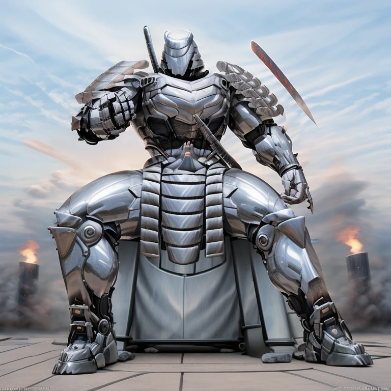 silver samurai.
- masterpiece, best quality, full body, 1boy.
- The background is a castle in medieval Japan.
- armor suit, (full armor, cyborg, science fiction, combat helmet) 
- dominating silver samurai. macro. stomp. Low-angle perspective. emphasizing the immense size.
-  The Silver Samurai looks majestic as he sits on his silver mechanical throne.
- The Silver Samurai wears a very wide and long silver cloak. The throne has a backrest.
- The claws are sharp. 5 toes.
- full body, No face, 
- looking at viewer, 
- covered in full metal armor, armored samurai, armored samurai, 
- GTS, macro, giant. footstomp.
- A giant Silver Samurai is trampling on Wolverine. 
- macro, stomp, giant,