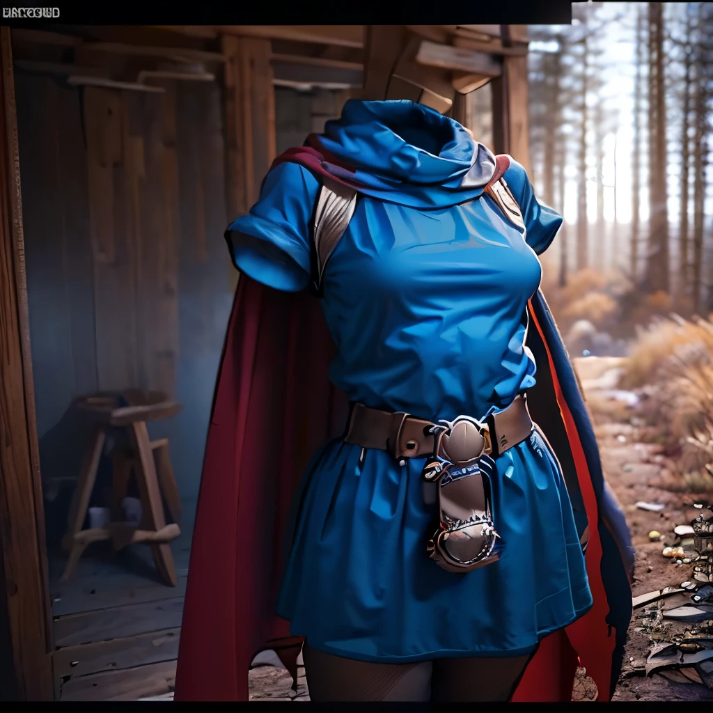 (8k, RAW photo, best quality, masterpiece:1.2), (realistic, photo-realistic:1.37), photon mapping, radiosity, ((Hasselblad photography)), physically-based rendering, (invisible, no humans, headless, faceless:1.5), barbara,cape,light blue dress,belt,socks,boots, (close-up shot of breast:1.3), in forest