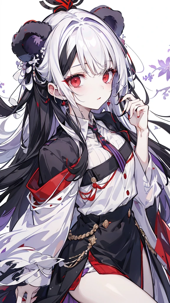 woman in Kimetsu no Yaiba anime style, expressionless, apathetic, with blood coming out of her mouth, with a bruise on her rib and lung, standing in pain, long wavy white hair with red streaks, intense yellow eyes
