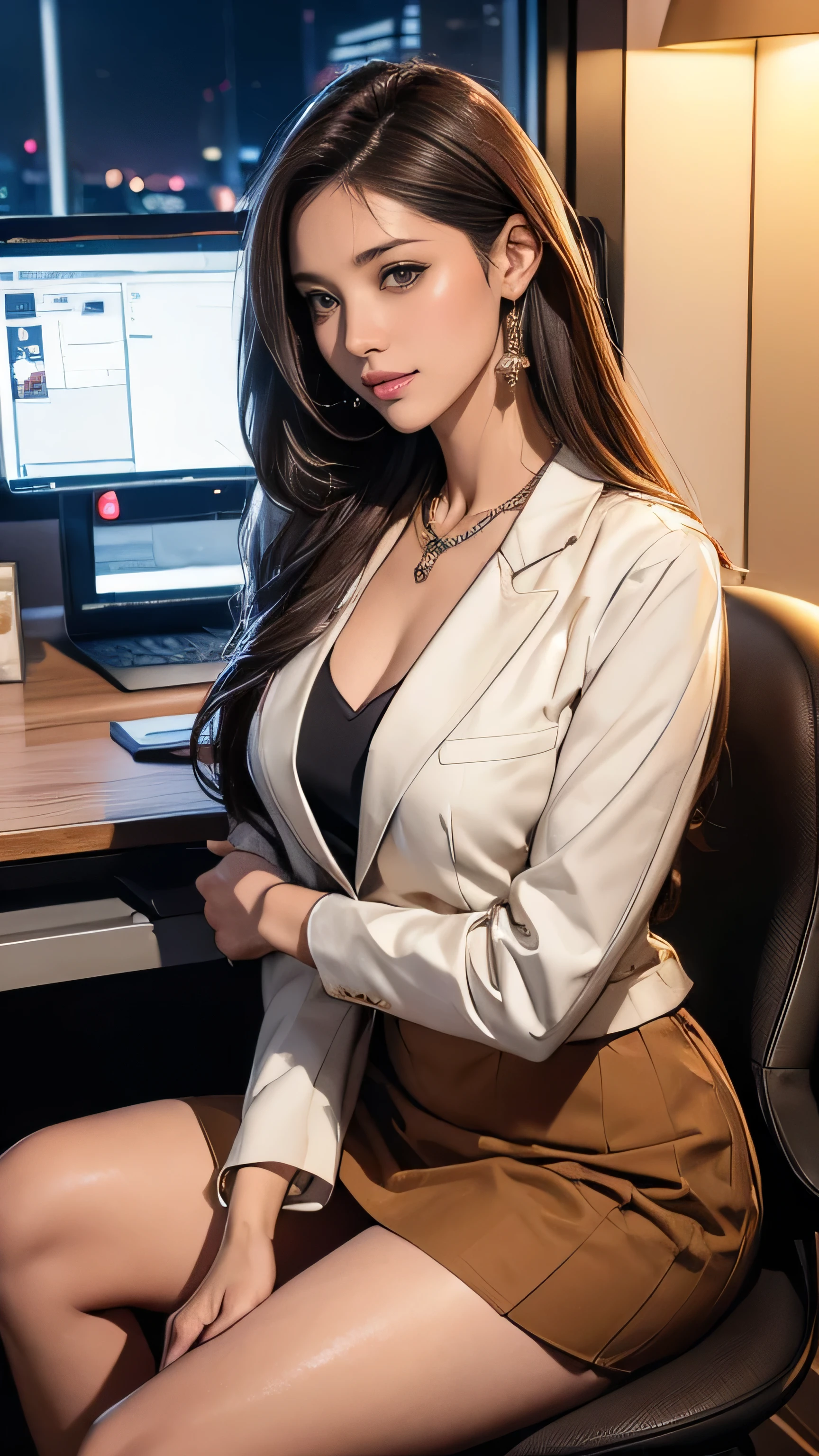 (Best Quality,4K,8k,High resolution,masterpiece:1.2),Very detailed,(Realistic,photoRealistic,photo-Realistic:1.37),Full body portrait,1 girl, Perfect hourglass illustration, Exquisite Features, Mystical Eyes, Small breasts, The depth of the boundary is written, High resolution images、Narrow waist,((Super long brown hair reaching to her knees:1.4)),((gold necklace_Large earrings:1.2))((standing gracefully:1.6))((Place your left hand gently on your chin:1.5)) ((tight blazer is worn with formal shirt on female upper body, panties of female crotch between bare legs under short flared skirt are seen just a little:1.3)),))、((shy smile:1.4)),((mideum breasts:1.4))((in the stylish office at night:1.4))((((sitting in the office and working at the desk:1.4))((watching carefully raptop computer:1.5)))