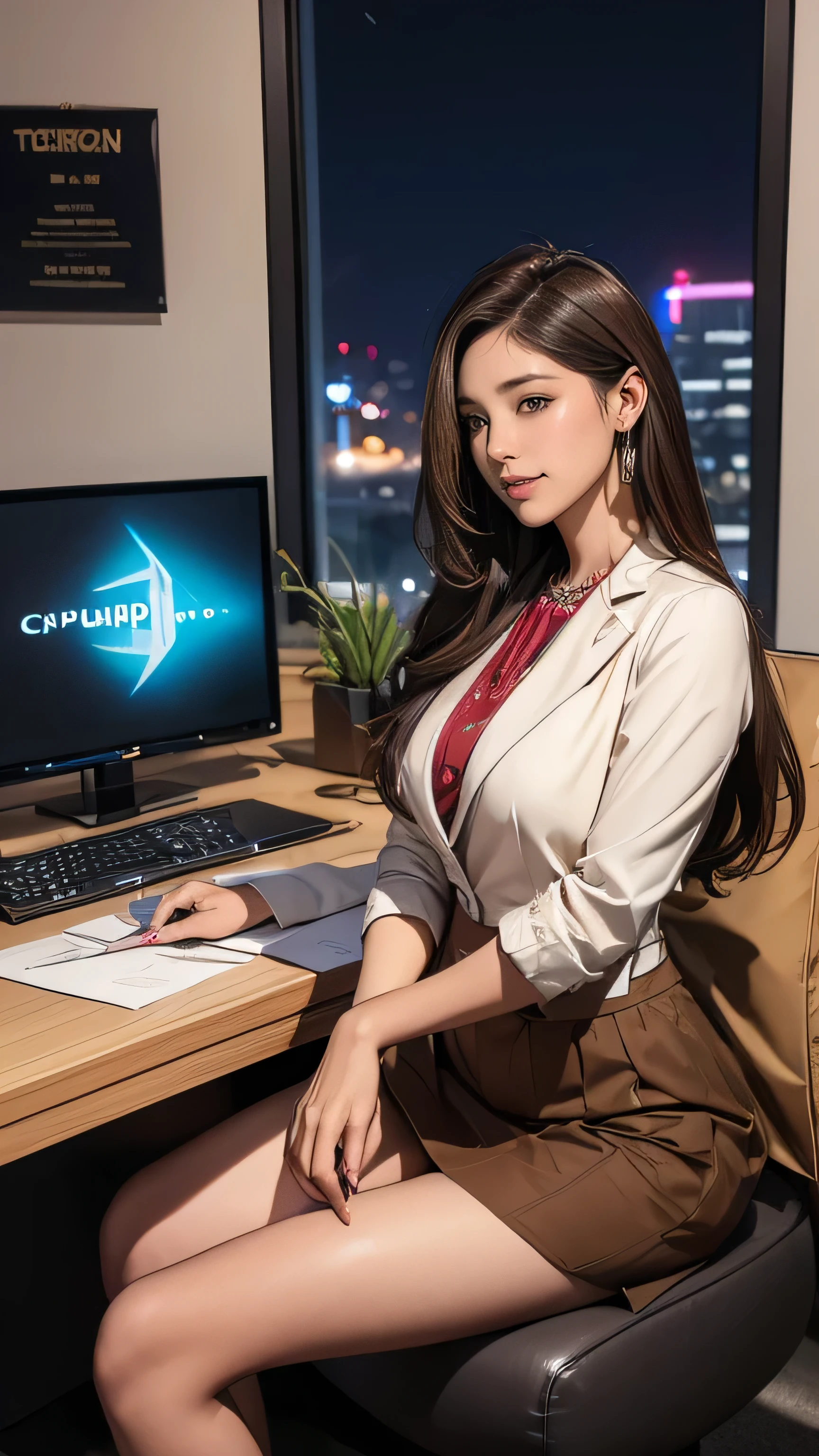 Create an image of an 18-year-old Asian businesswoman sitting at work with a MacBook, smiling with a cute face. The image must be full-body, wearing a slightly revealing vest, wearing high heels, exuding youthfulness and success.