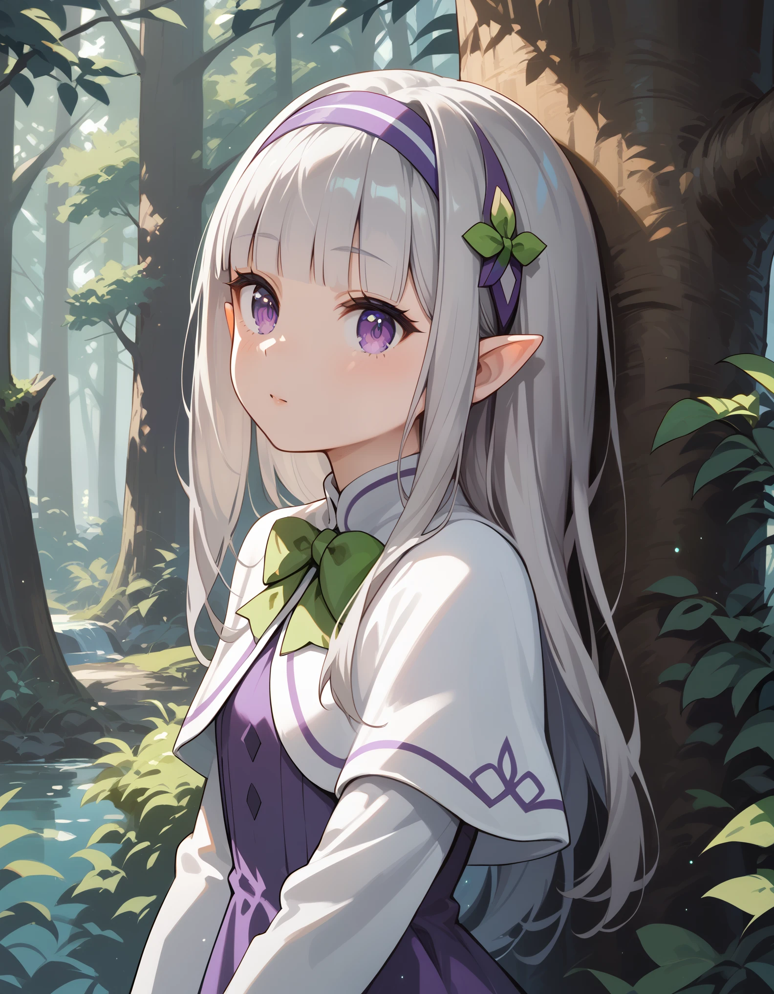 1girl, forest, peeking out upper body, behind tree, purple eyes, hairband, long hair, grey hair, pointy ears, blunt bangs, white capelet, purple dress, green bow, long sleeves, score_9, score_8_up, score_7_up, source_anime, 