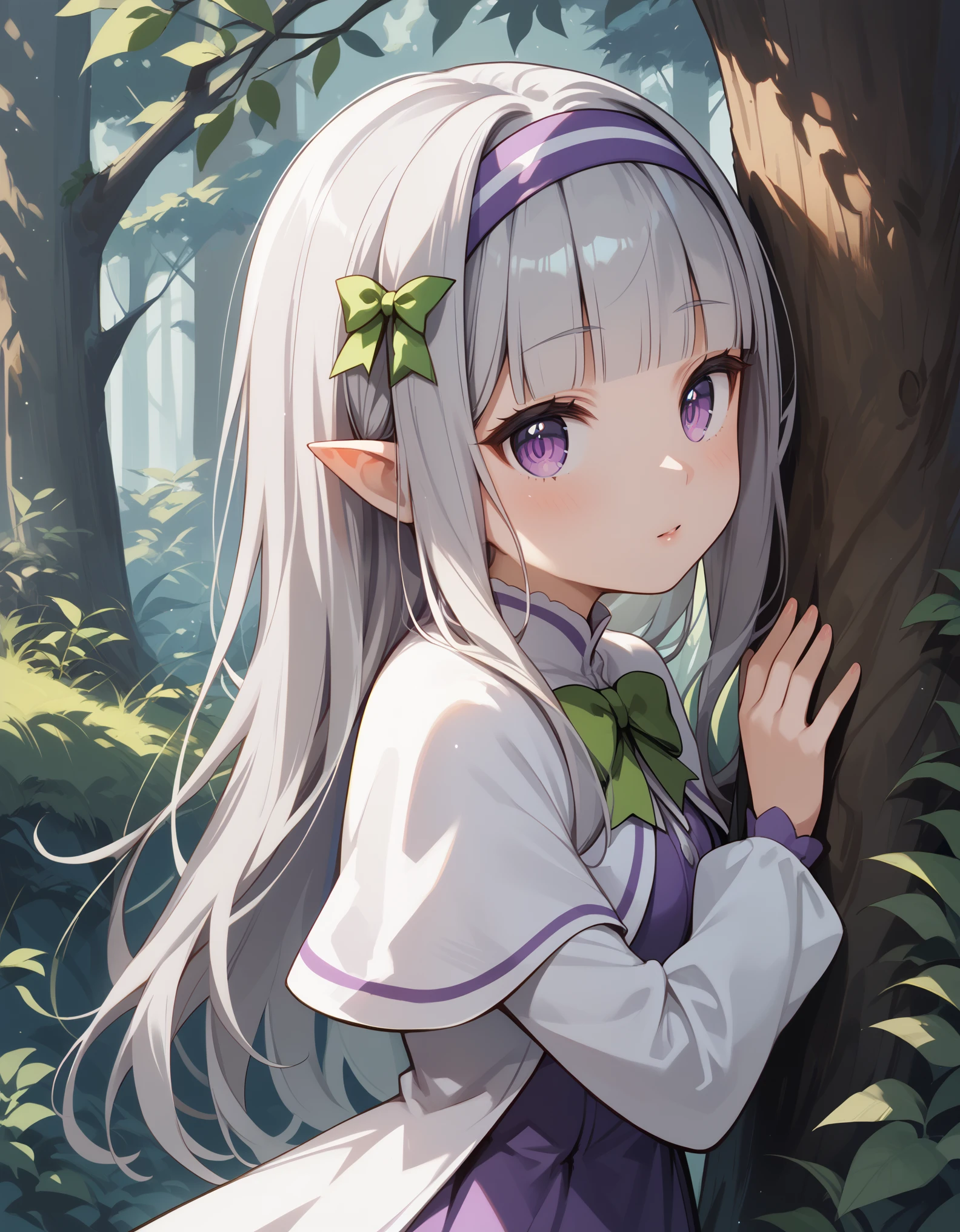 1girl, forest, peeking out upper body, behind tree, purple eyes, hairband, long hair, grey hair, pointy ears, blunt bangs, white capelet, purple dress, green bow, long sleeves, score_9, score_8_up, score_7_up, source_anime, 