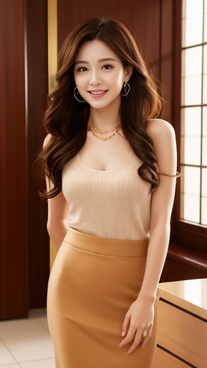 ((Highest quality, 8k)), ((masterpiece)), (Highest Resolution), Perfect Face, Fox Girl, high school girl, Beautiful woman, public, One tail, she has thick thighs, Big tail, She has an orange fox tail., She wags her tail, smile, Fur collar, She is wearing a short skirt, Beautiful Hips , Big Breasts, The skirt is rolled up at her tail