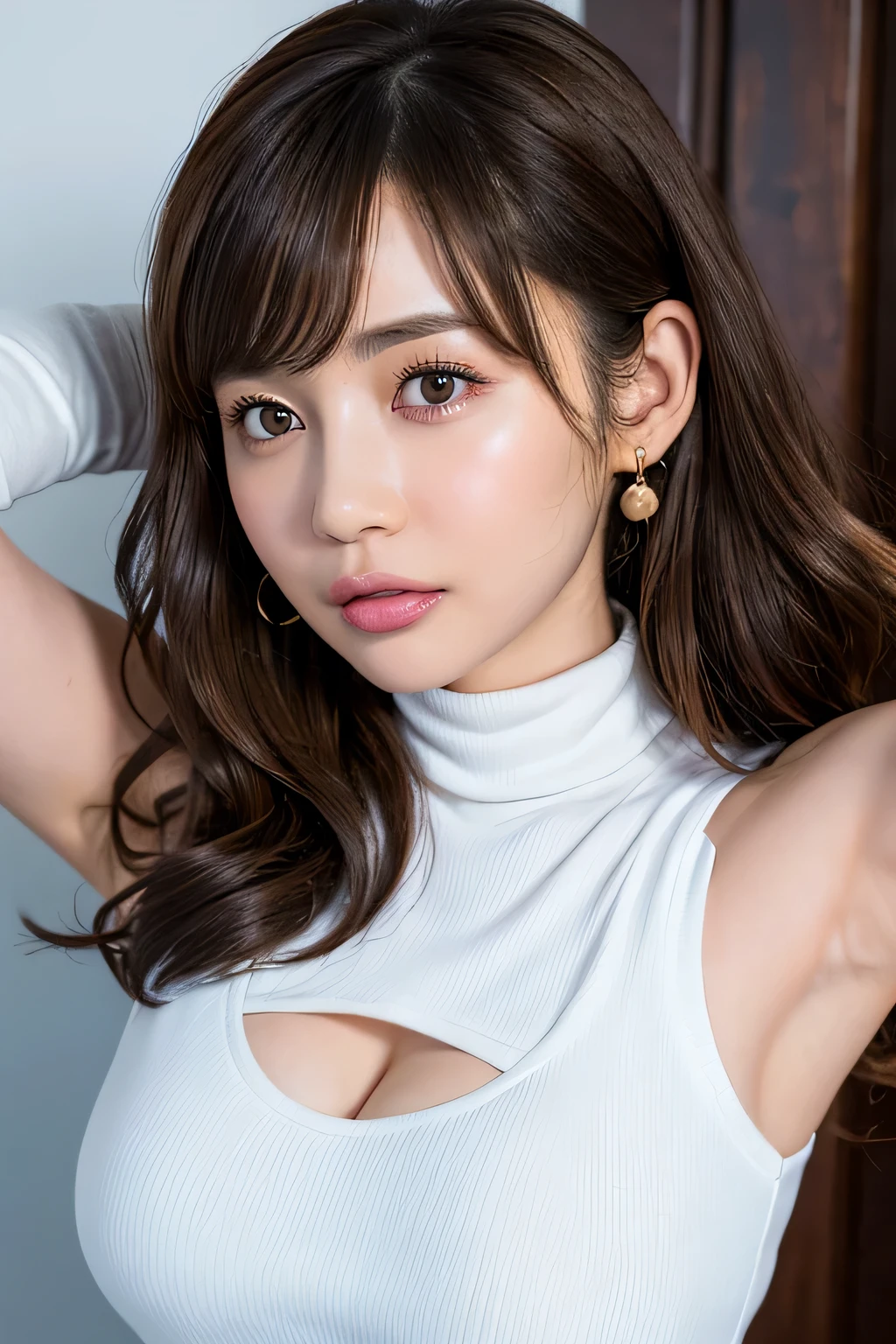 ((Best Quality)), ((masterpiece)), (High-quality photos), (Wavy Hair:1.37), (Brown Hair), (bangs), (beautiful girl), False eyelashes,(Sticking out tongue), Detailed face, Detailed eyes, Detailed lips, (Earrings), White sleeveless turtleneck dress with ribbed texture and bodycon fit, (White skin), Head Tilt, View Viewer, (Blushed:1.3), (Bust up shot), From the side, (Armpits), Shiny skin, Wet lips, Thin eyebrows, (brown eyes:1.37)
