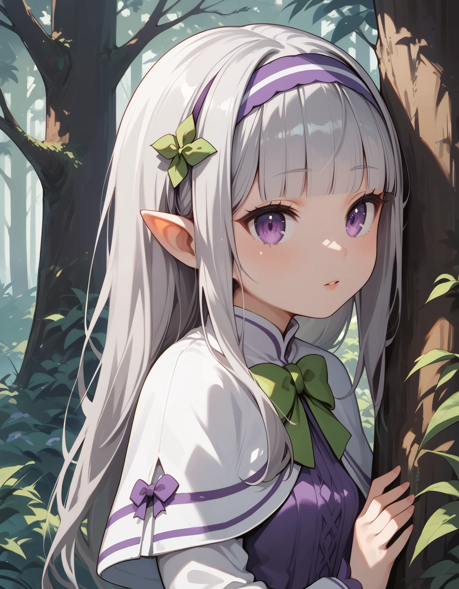 1girl, forest, peeking out upper body, behind tree, purple eyes, hairband, long hair, grey hair, pointy ears, blunt bangs, white capelet, purple dress, green bow, long sleeves, score_9, score_8_up, score_7_up, source_anime, 