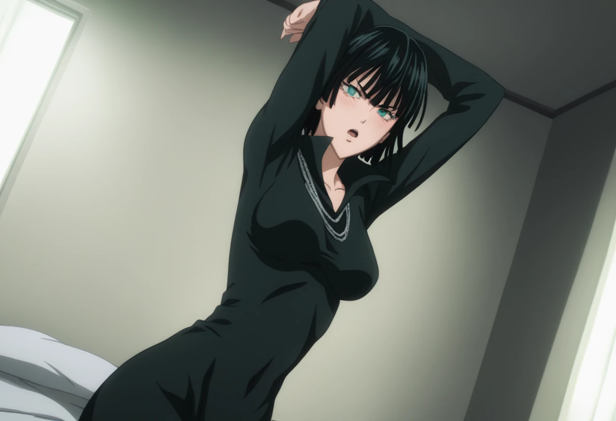 score_9, score_8_up, score_7_up, sauce_anime, ambient light,                                                                                                                                                                             
fubuki, fubuki \(one-punch man\), tall girl, 1 girl ,black hair,  deep green eyes, short hair,,, furrowed brow ,  wince, frown, close up face:0.2,                       
nsfw, (show off breast), navel ,, (undress dress black dress) , high collar, jewelry, necklace, , taut clothes, taut dress, ,, (detailed lace panties),                                                                                                                                                                                                                               indoors,, bed ,realistic bed room, (on side), (arms up),                                                                                                                                                   
cowboy shot,, looking at viewer, solo, dutch angle, blush,, , open mouth, saliva,, large breasts