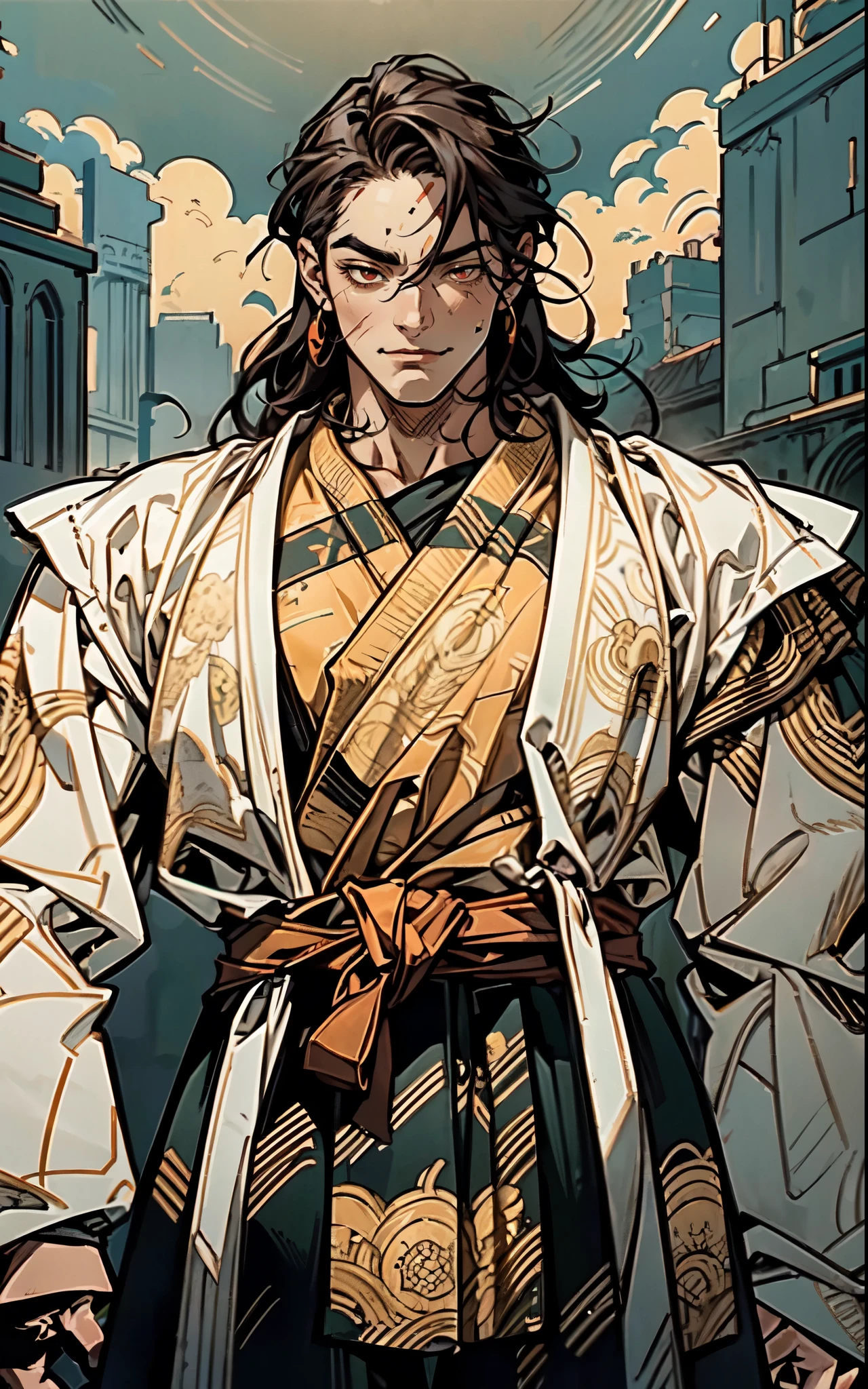 (masterpiece:1.2, best quality:1.2, extremely delicate:1.2), ((male:1.5)), a middle-aged man with messy medium-length red hair, exaggeratedly arched thick eyebrows, wide red eyes, a cross-shaped scar on his forehead, he is laughing wildly, a wild expression, a tall and muscular build, a fantasy martial arts style two piece orange yellow robe coat, a sash wrapped around his waist, skirt and trousers, stands majestically before a million-strong army, this character embodies a finely crafted fantasy martial arts style overlord in anime style, exquisite and mature manga art style, dramatic, high definition, highres, ultra-detailed, ultra-fine painting, professional, perfect body proportions, golden ratio, anatomically correct, symmetrical face, extremely detailed eyes and face, high quality eyes, creativity, RAW photo, UHD, 32k, Natural light, cinematic lighting, (masterpiece-anatomy-perfect:1.2)