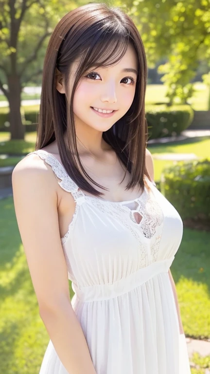 Close-up of a 17 year old woman、
big breasts、white skin、
Smiling Japan model、
young gravure idol、
young cute gravure idol、
リアルなyoung gravure idol、
realistic gravure idol、
young gravure idol、
sophisticated gravure idol、white dress、camping alone