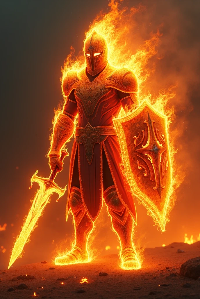 A fierce knight stands ablaze, his entire form composed of swirling, vibrant flames that dance and flicker with every movement. His helmet, crafted from pure fire, resembles a classic Templar design, with fiery tendrils curling upward, creating an imposing silhouette. The helmet's visor is a dark, smoky haze, allowing only glimpses of his intense, glowing eyes.

His torso is a conflagration of flames, flickering like a living ember, with the fire twisting and turning to create the appearance of armor. The fiery essence radiates heat, with bright oranges, yellows, and reds blending seamlessly to give him a robust and powerful presence.

His arms are formed entirely from fiery arcs, extending from his shoulders with an almost liquid grace, the flames flickering as if caught in a gentle breeze. The hands are fierce flames, grasping a sword made of pure fire, its blade glowing with intensity and leaving a trail of sparks in its wake.

In his left hand, he wields a shield formed from swirling flames, the surface crackling with energy. The shield is circular, radiating heat, and adorned with a fiery emblem that flickers as if alive, symbolizing strength and resilience.

His legs are pillars of fire, tapering down to feet that are merely glowing embers, leaving a faint trail of heat and light as he moves. The entire knight embodies the essence of fire, exuding an aura of power and destruction while maintaining a majestic, ethereal quality.

Standing in a fiery landscape, the Inferno Paladin is a breathtaking sight, a warrior forged from the very element of flames, ready to conquer any challenge with a blaze of glory.

